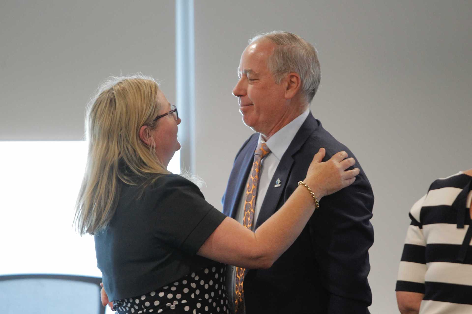 Outgoing Tauranga mayor Tenby Powell is thanked for his service by Labour list MP Angie Warren-Clark. Photo / George Novak