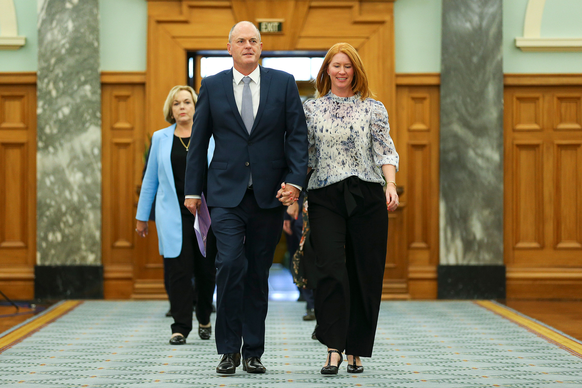 Newly elected National Party Leader Todd Muller and wife Michelle arrive at a press conference at Parliament on after the leadership vote on Friday. Photo / Getty Images