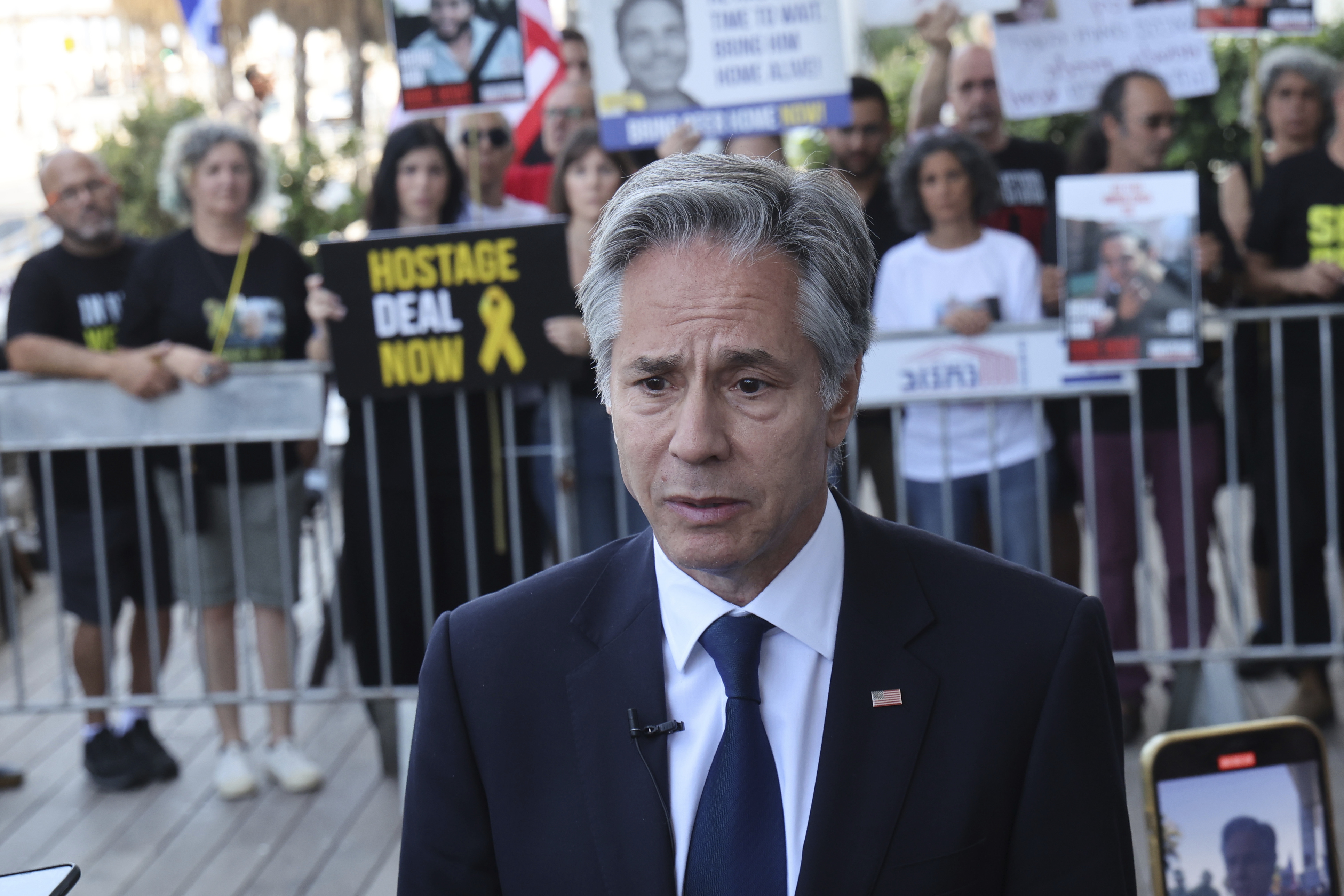 US Secretary of State Antony Blinken speaks to the media as after meeting with families and supporters of Israelis held hostage by Hamas in Gaza, during his visit to Tel Aviv, Israel. Photo / AP