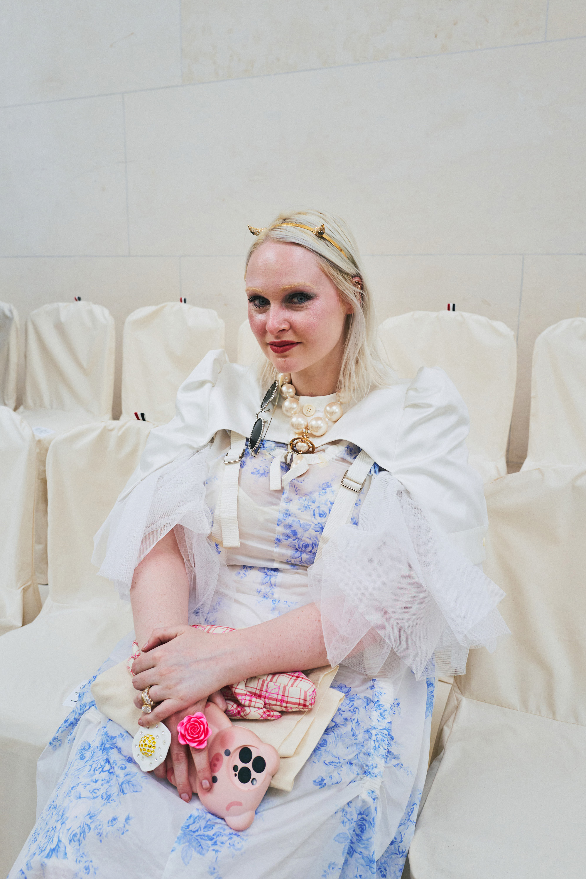 A devilish headband with brows dyed to match in attendance at the Thom Browne show during Couture Week. Photo / New York Times