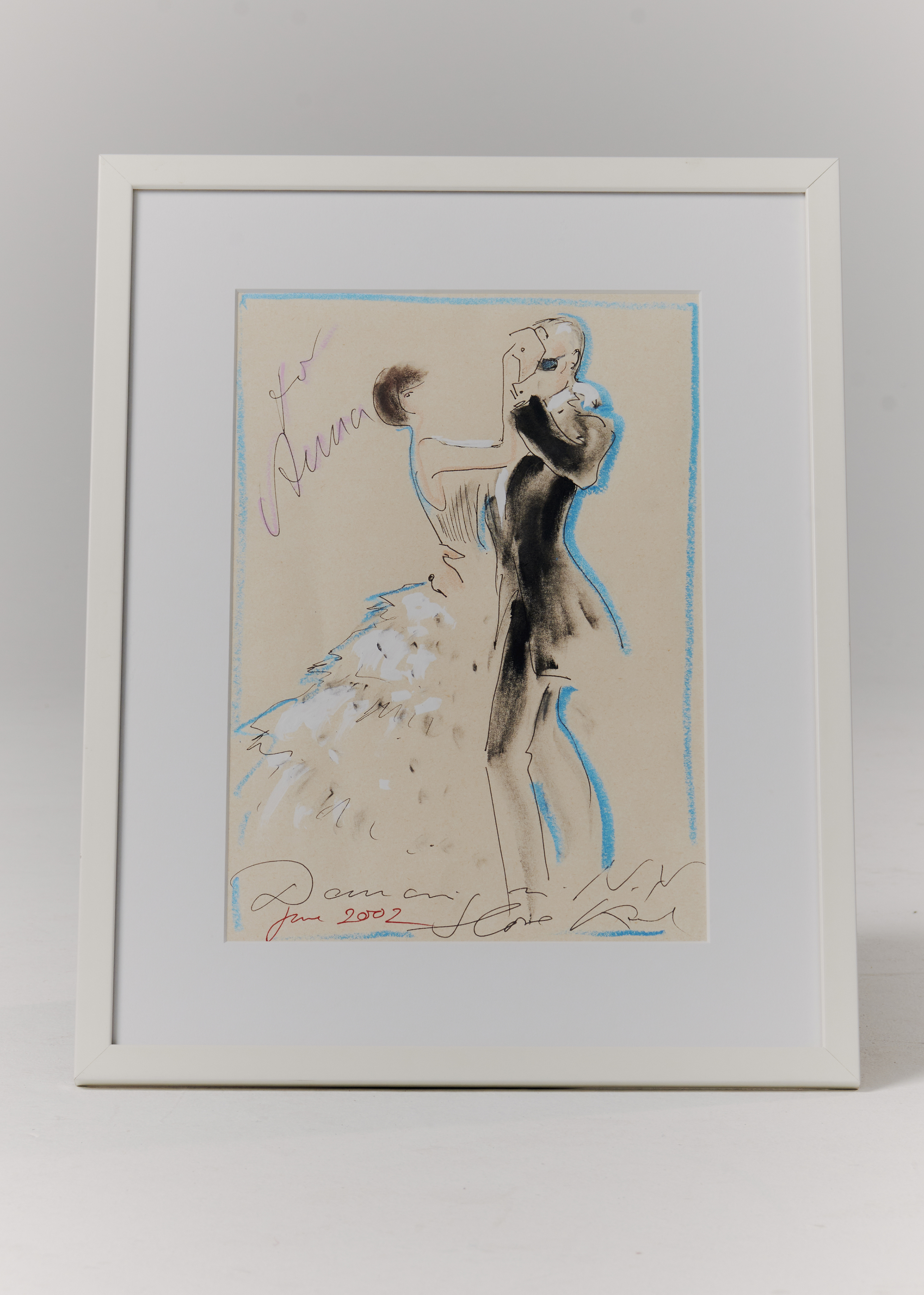 A Karl Lagerfeld sketch of the Chanel feather dress Anna Wintour wore at an event at his home in 2002, now part of Wintour's collection, in New York, April 18, 2023. Photo / Vincent Tullo, The New York Times