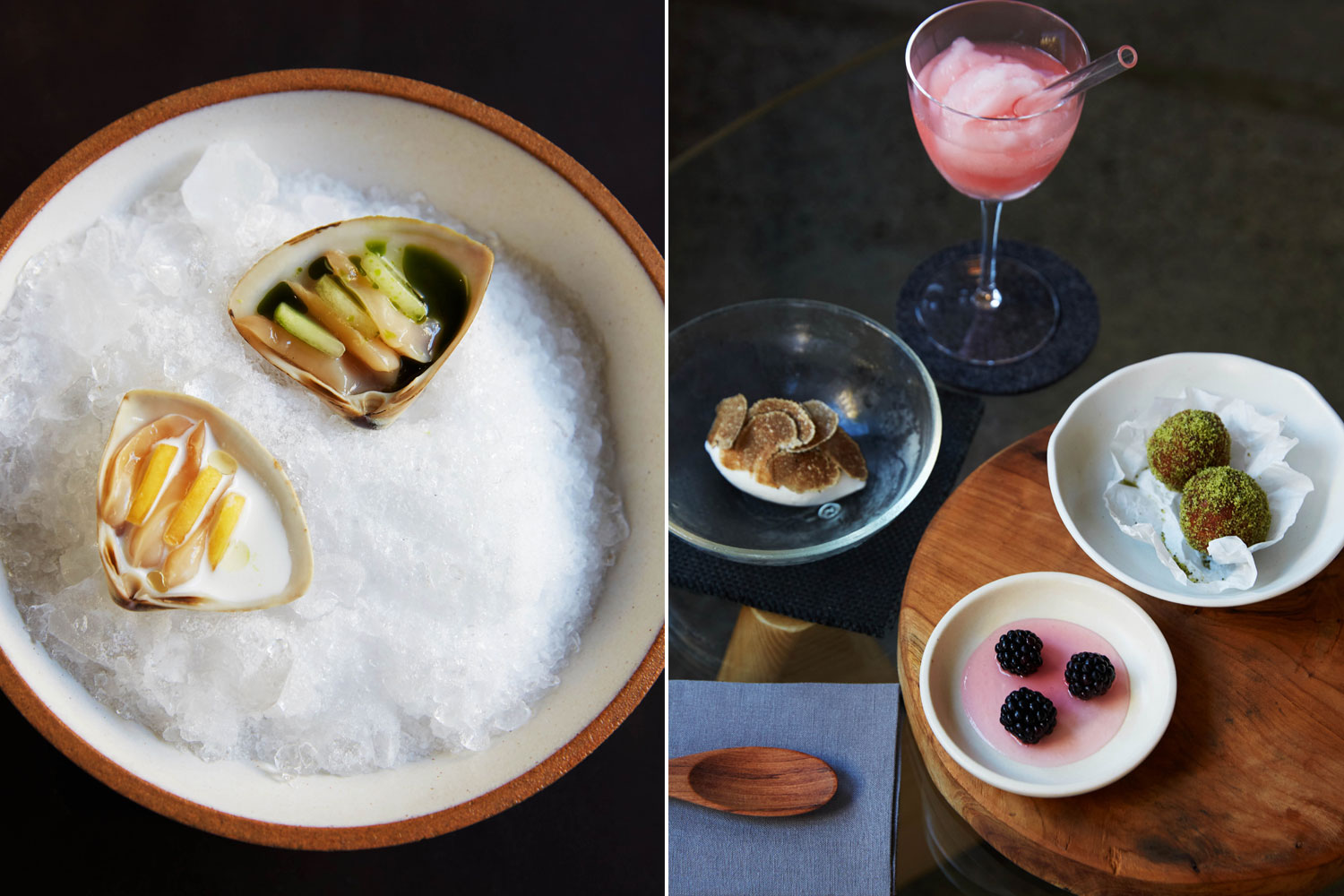 (From left) The diamond shell clams; Dessert from the set menu at Pasture comprises of buffalo milk, summer truffle and blackberry with rhubarb punch. Photos / Rebecca Zephyr Thomas