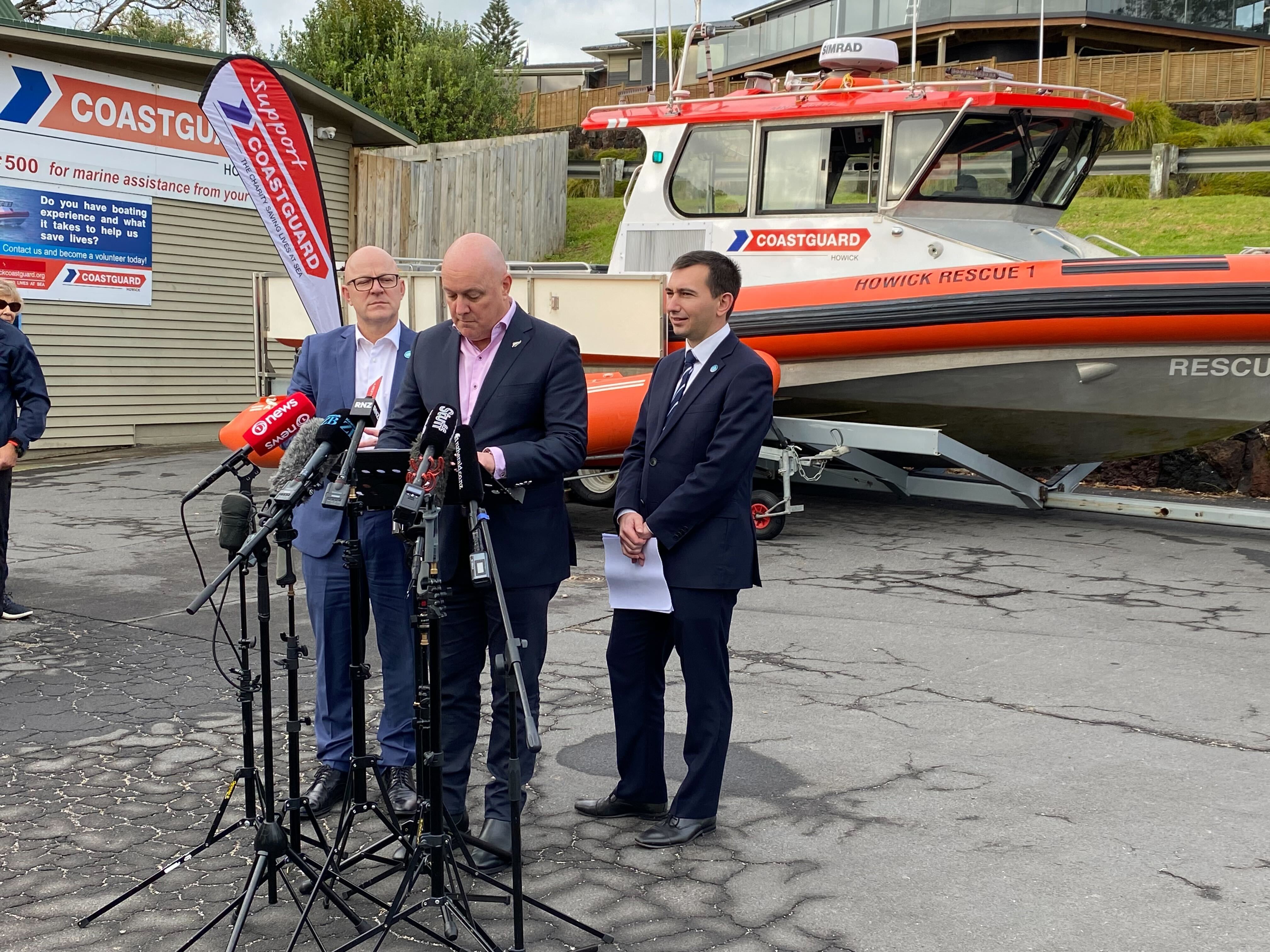 Luxon, Brown, right, and Doocey, left, give a pre-Budget transport announcement about Surf Life Saving NZ and Coastguard NZ funding. Photo / Corey Fleming