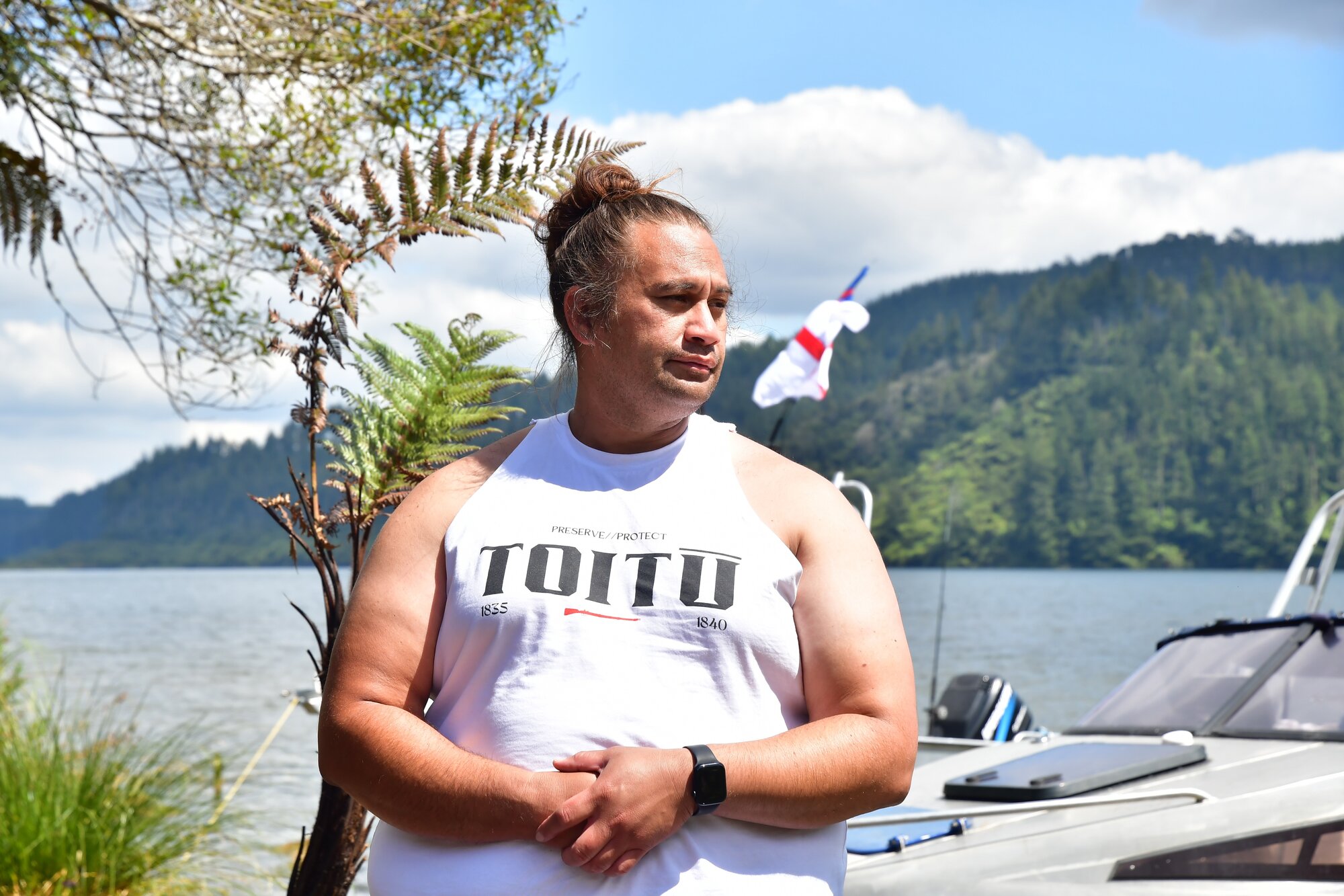  Lake Rotokakahi Board of Control spokesman Te Whatanui Leka Taumalolo Skipwith at Lake Rotokakahi. Photo / Laura Smith