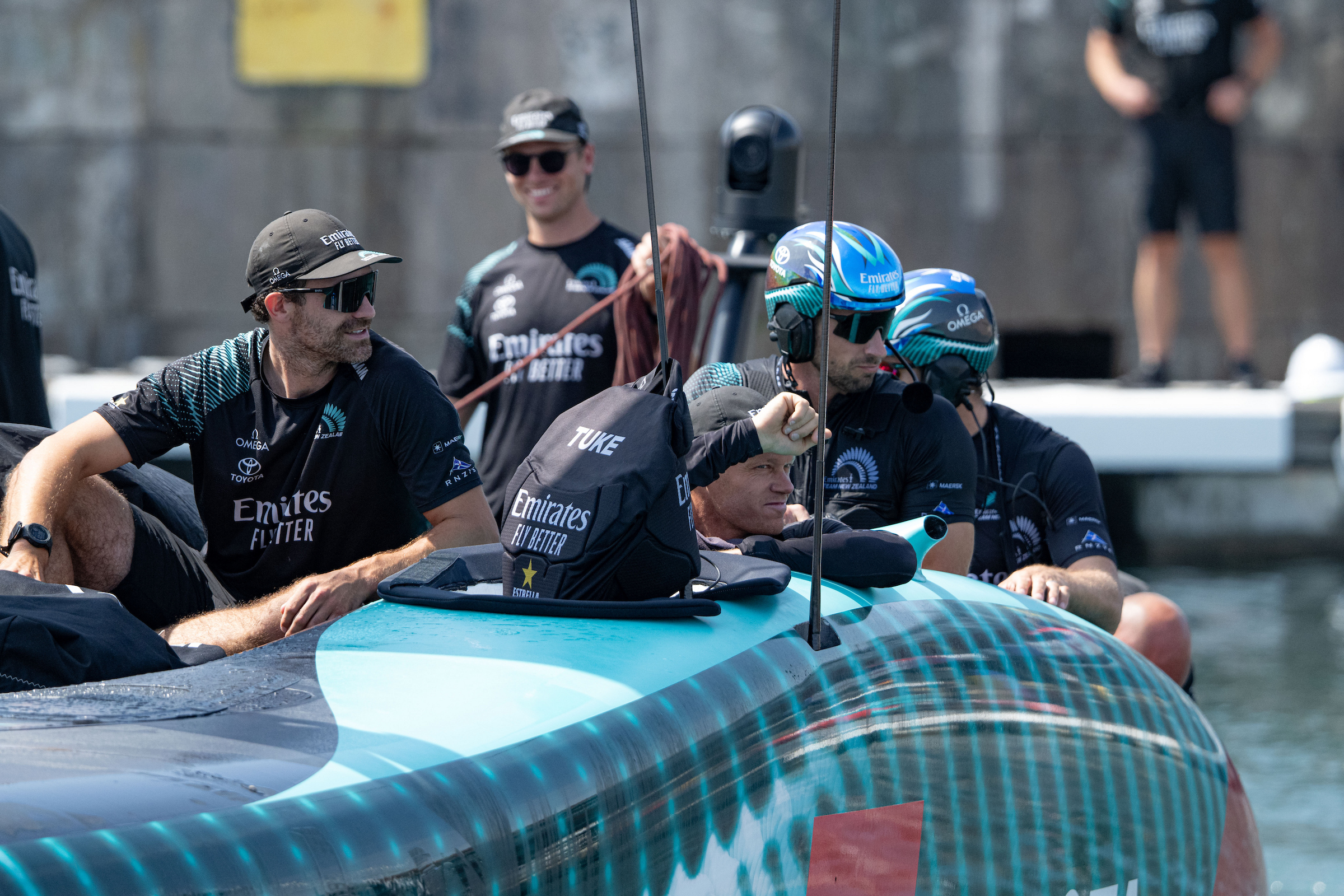 Sam Meech (left) has joined the Black Foils in a coaching role for the upcoming SailGP season. Photo / Ricardo Pinto, America's Cup