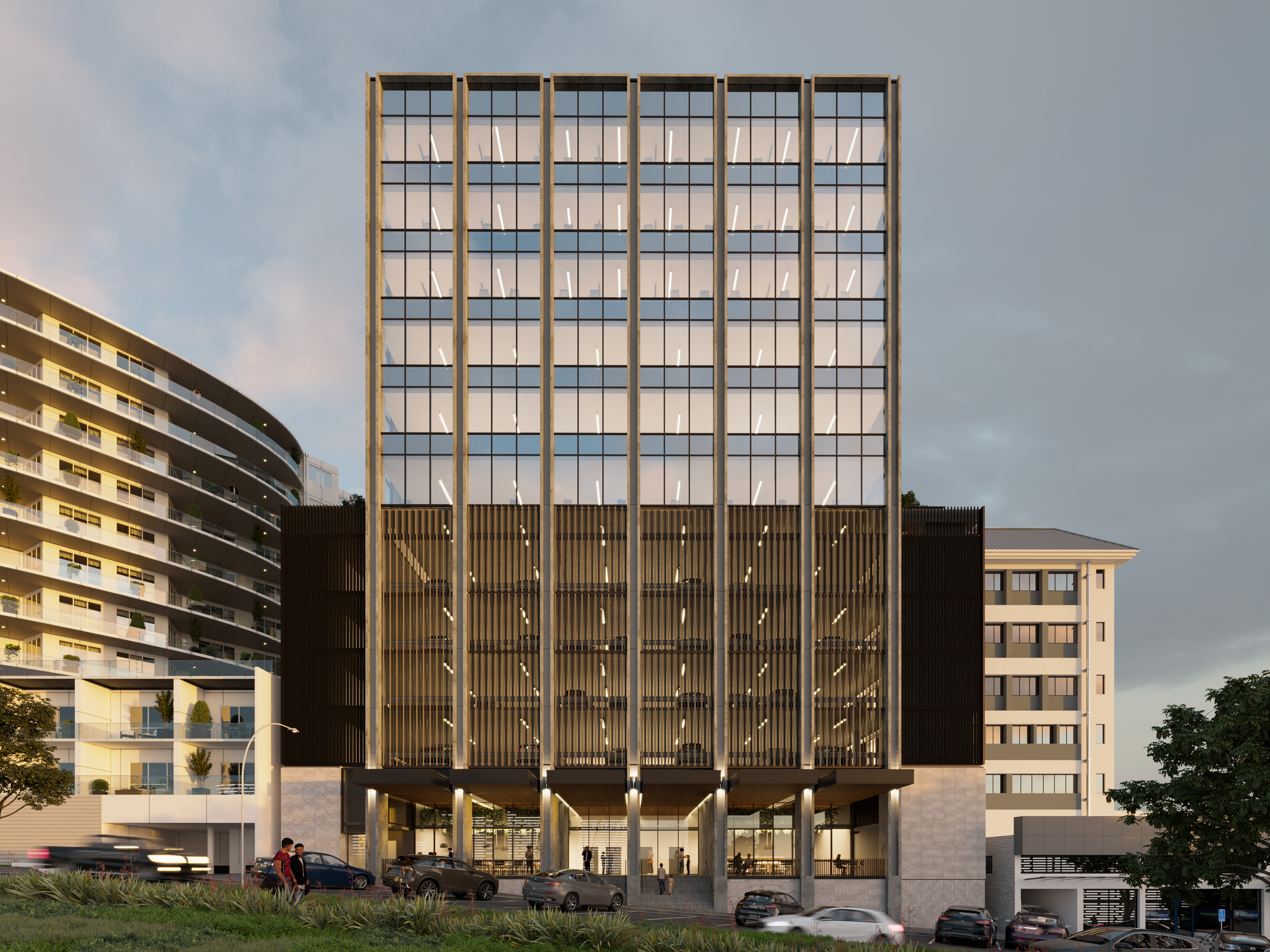An artistic render of what Panorama Towers will look like, as viewed from the future civic precinct at Hamilton St. The 14-storey project will include levels underground. Image / Supplied