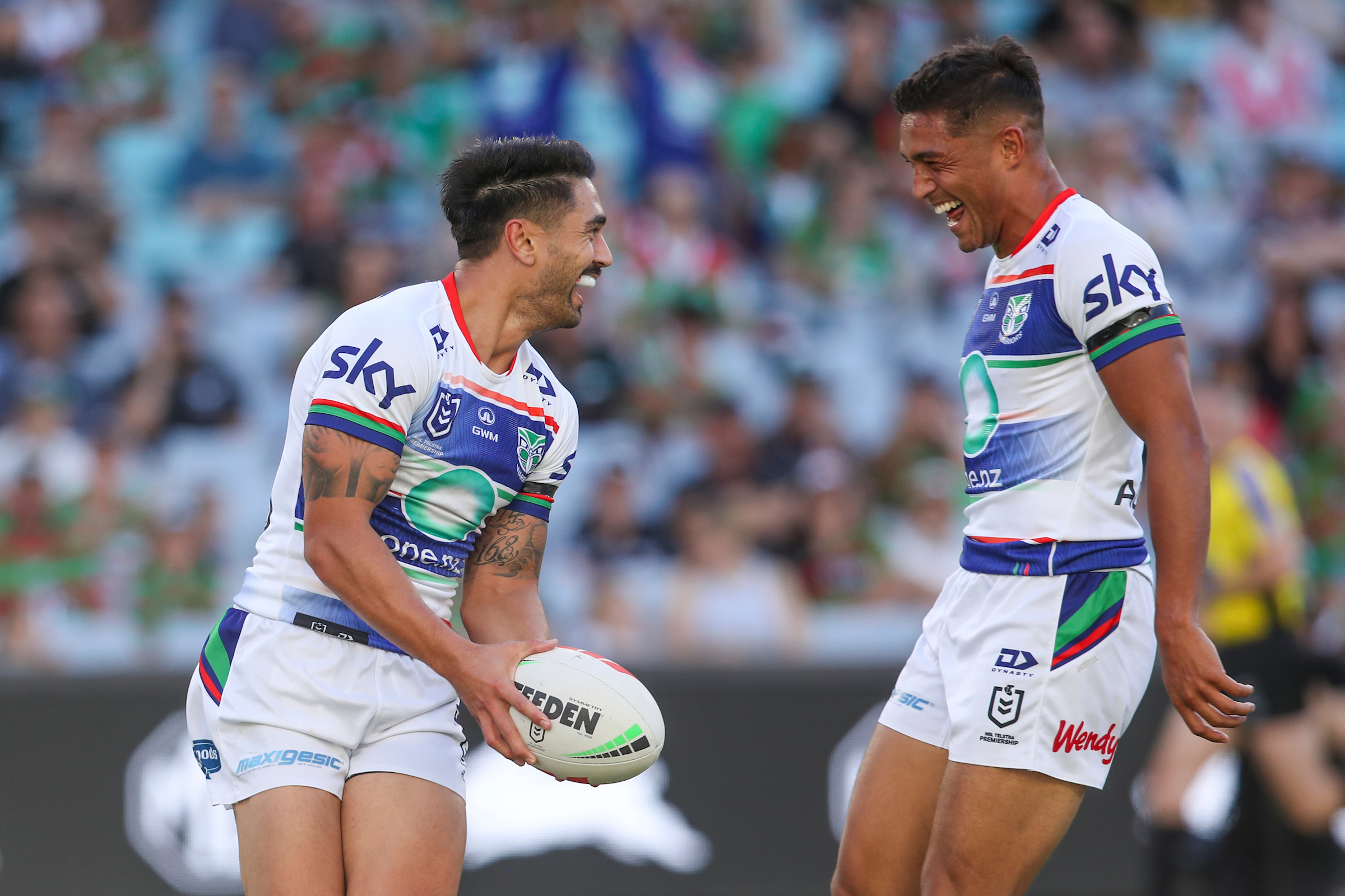 Shaun Johnson and Te Maire Martin celebrate against the South Sydney Rabbitohs. Photo / Photosport