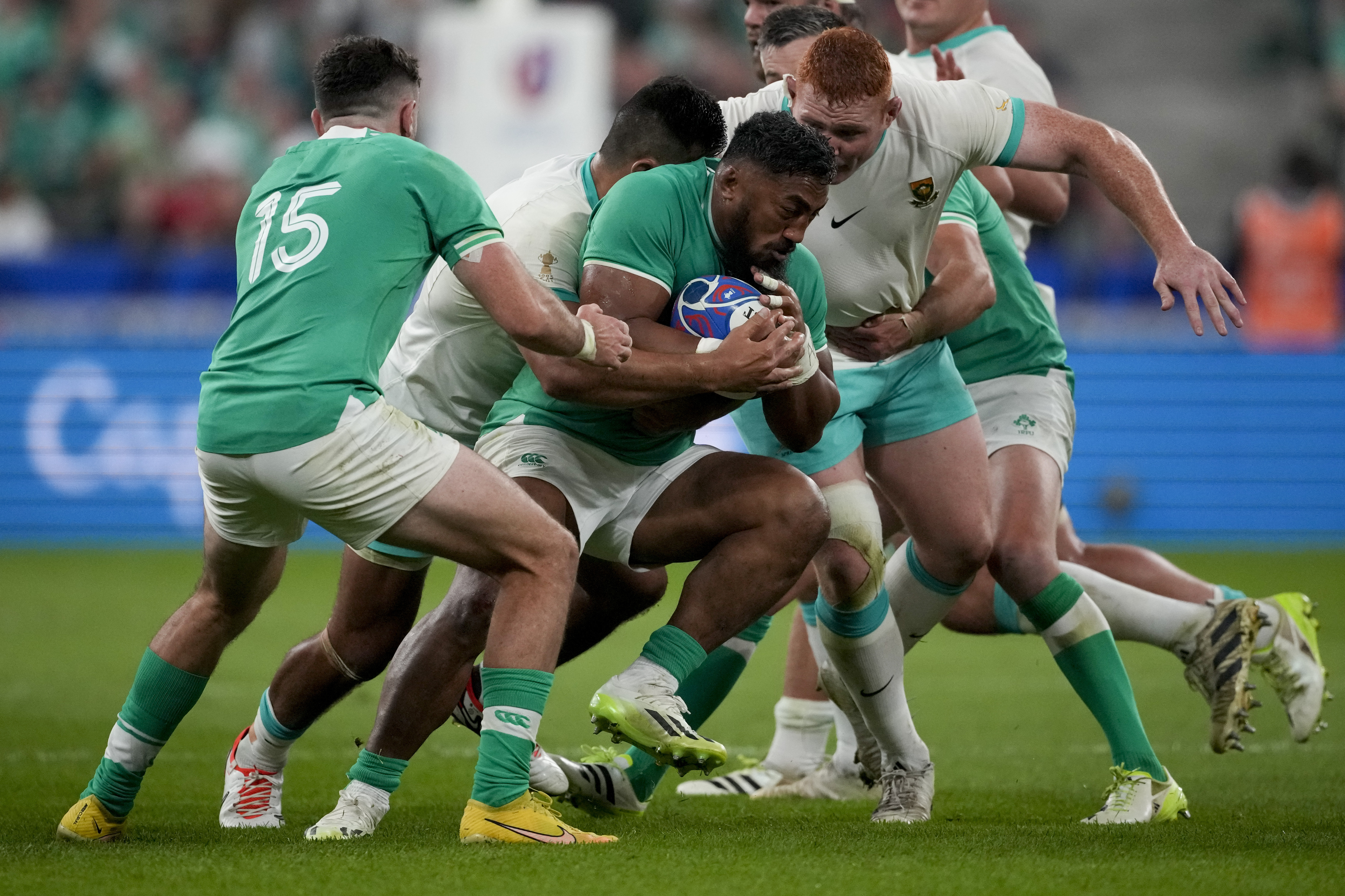 Ireland's Bundee Aki holds the ball during the Rugby World Cup Pool B match between South Africa and Ireland at the Stade de France. Photo / AP
