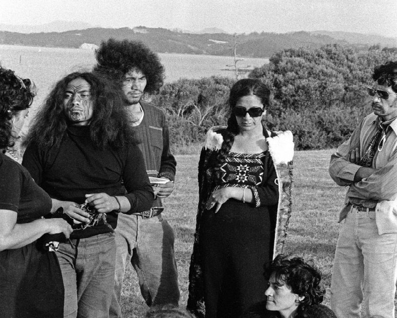Nga Tamatoa at Waitangi 1972. From left are Donna Awatere, Tame Iti, Taura Eruera, Hana Te Hemara, Timi Maipi, Roimata Kirikiri seated. Photo / John Miller