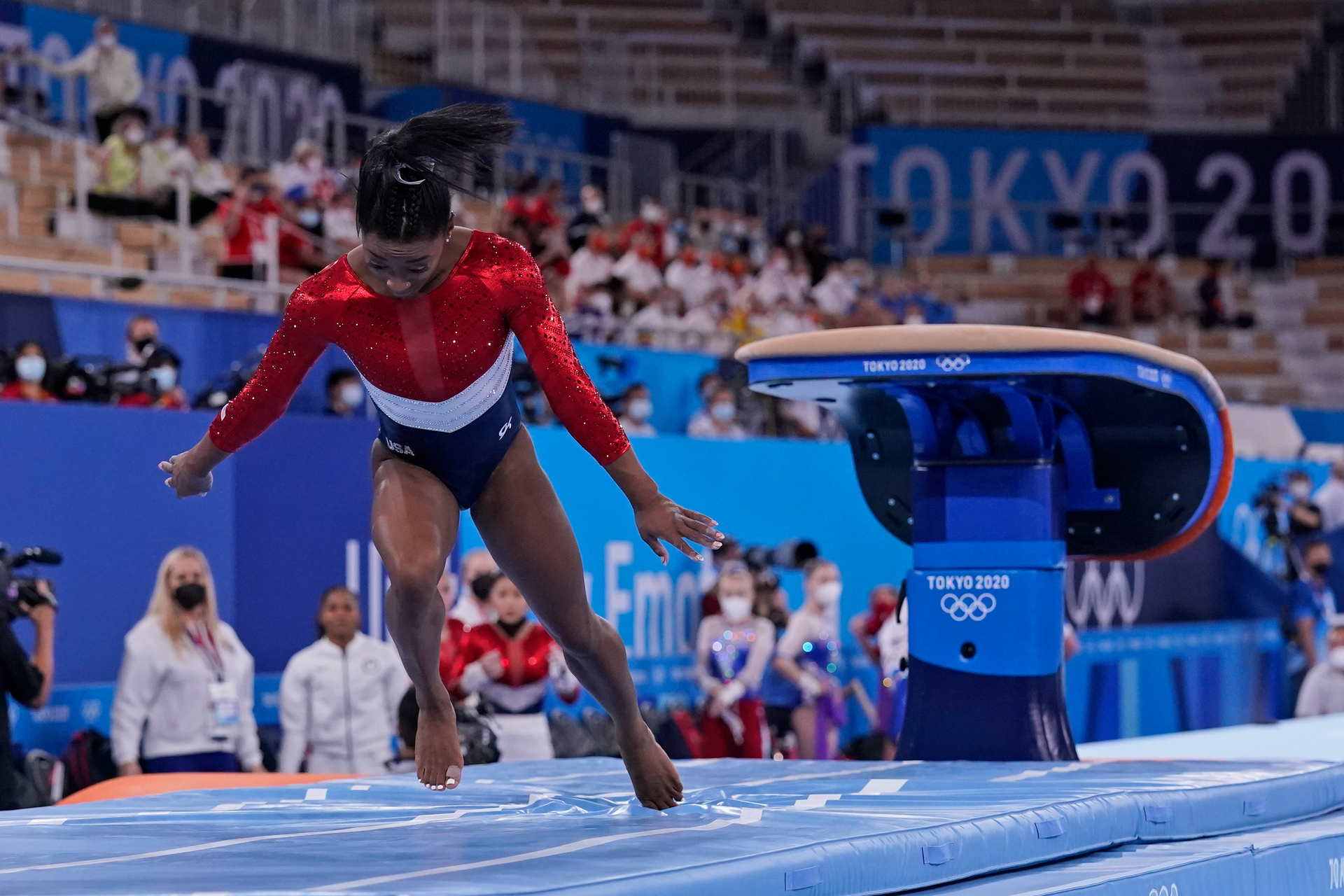 Simone Biles, of the United States, dismounts from the vault during the artistic gymnastics women's final at the 2020 Tokyo Olympics. Photo / AP
