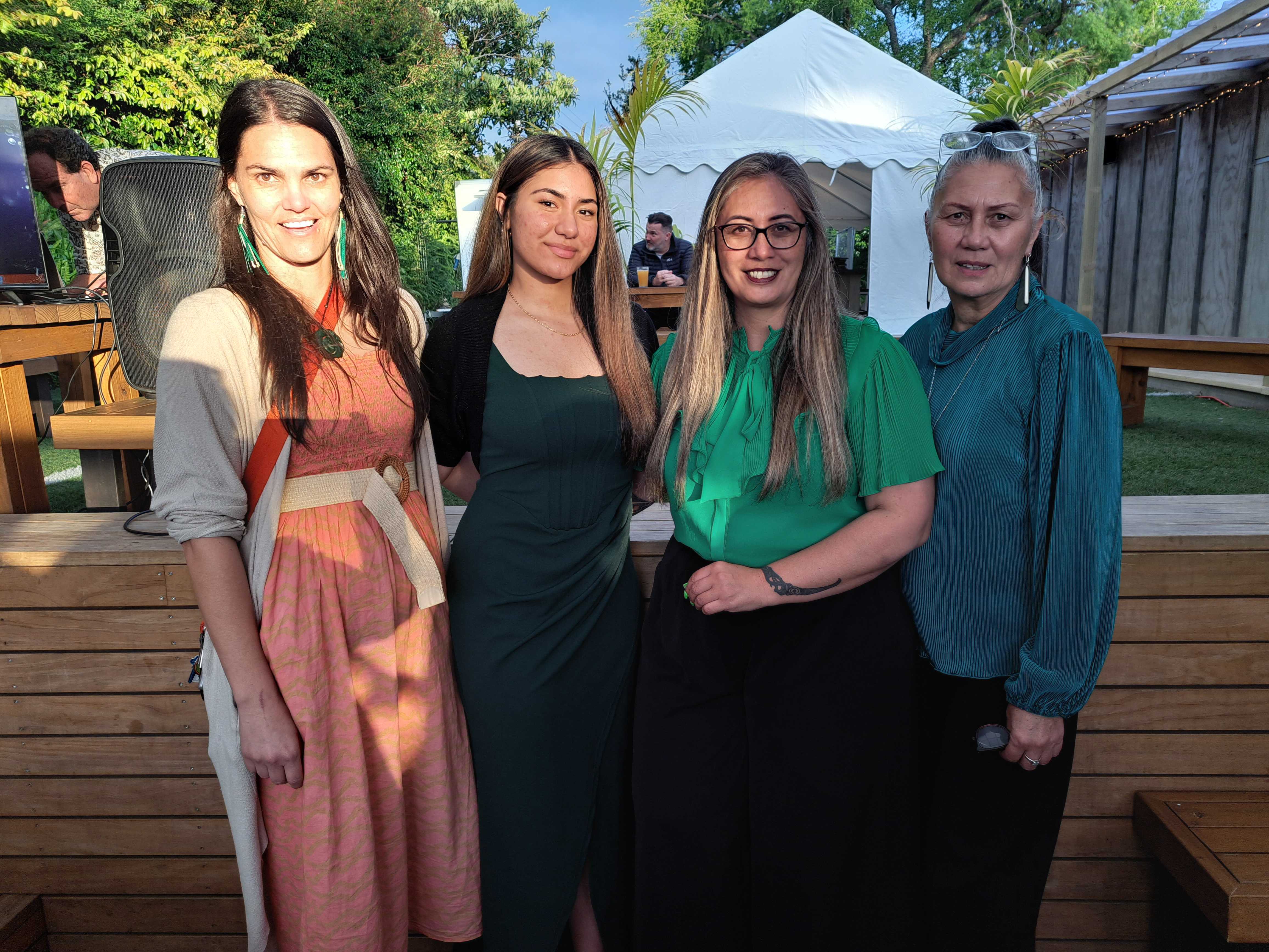 From left: Hūhana Lyndon's campaign manager Nicki Wakefield, Lyndon's daughter Keakealani Seve, Lyndon, and her mum Lissa Davies. Photo / Jenny Ling