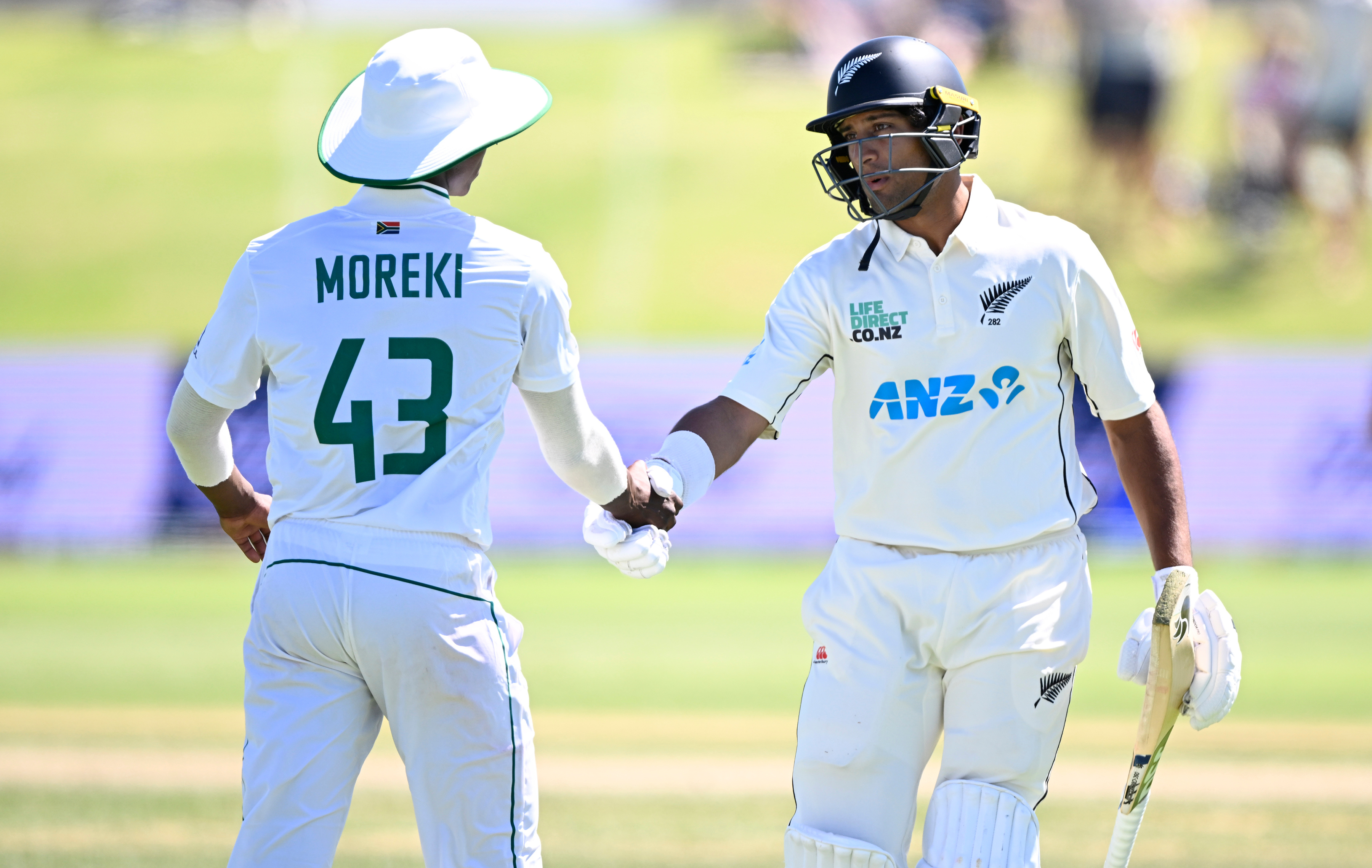Tshepo Moreki pays tribute after Rachin Ravindra is dismissed. Photo / Photosport