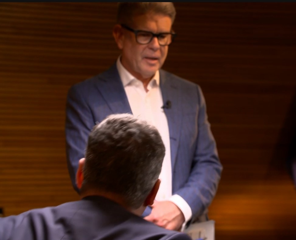 John Campbell and David Seymour prepare for their Beehive Theatrette interview. Photo / TVNZ screenshot 