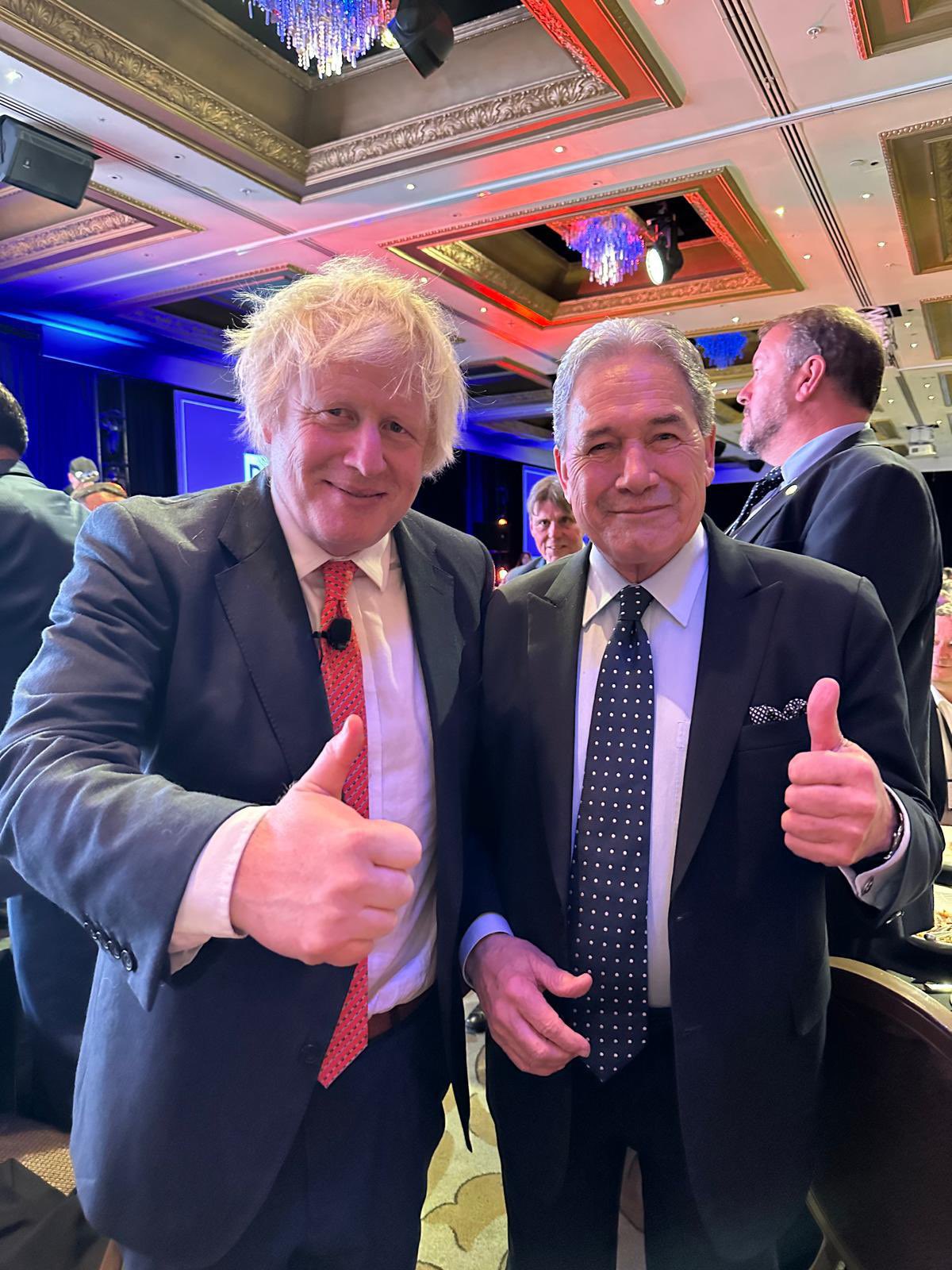 National has engaged former advisers to former British PM Boris Johnson (pictured, with Winston Peters). Source / X