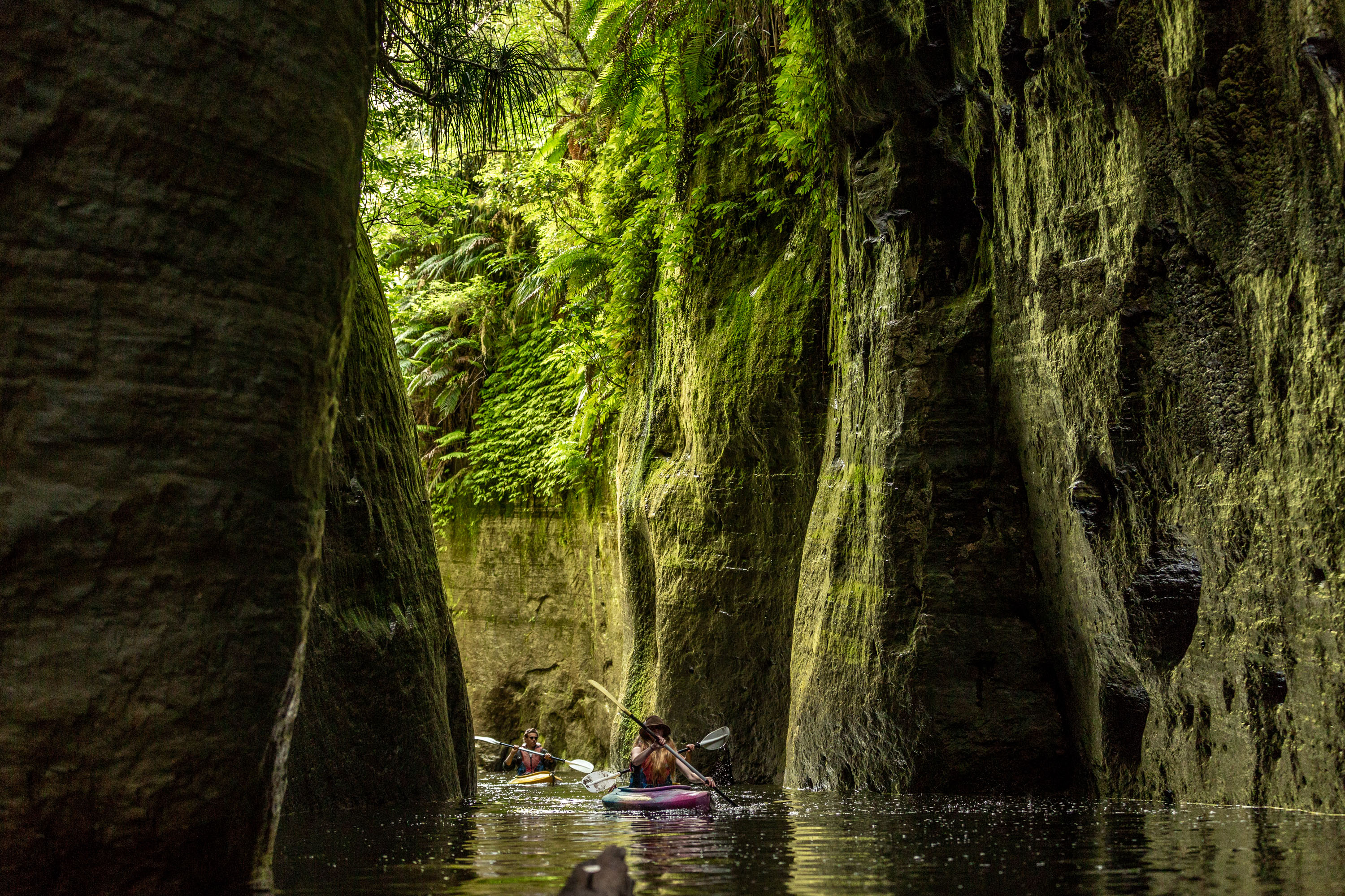 Kayakers make their way through a gorge on the Whanganui River. Photo / Plateau Productions