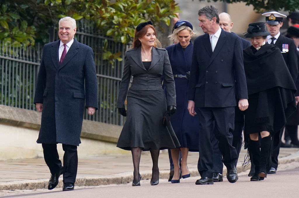 Prince Andrew, Sarah, Duchess of York, Zara Tindall, Sir Timothy Laurence, Mike Tindall and Anne, Princess Royal attend the Thanksgiving Service for King Constantine of the Hellenes at St George's Chapel in Windsor, England. Photo / Getty