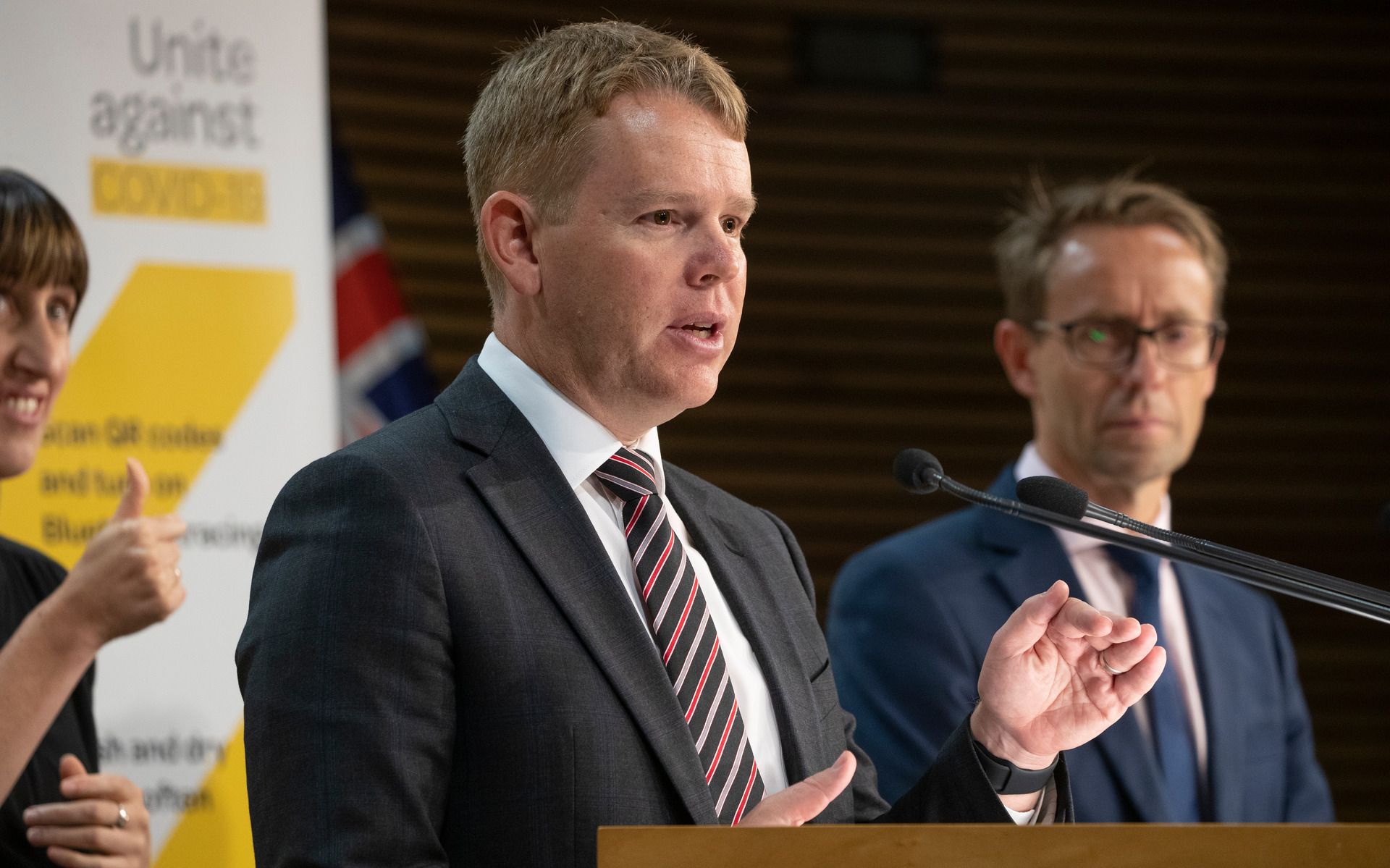 Covid-19 Response Minister Chris Hipkins and director general of health Dr Ashley Bloomfield during their Covid-19 response update at Parliament. Photo / Mark Mitchell