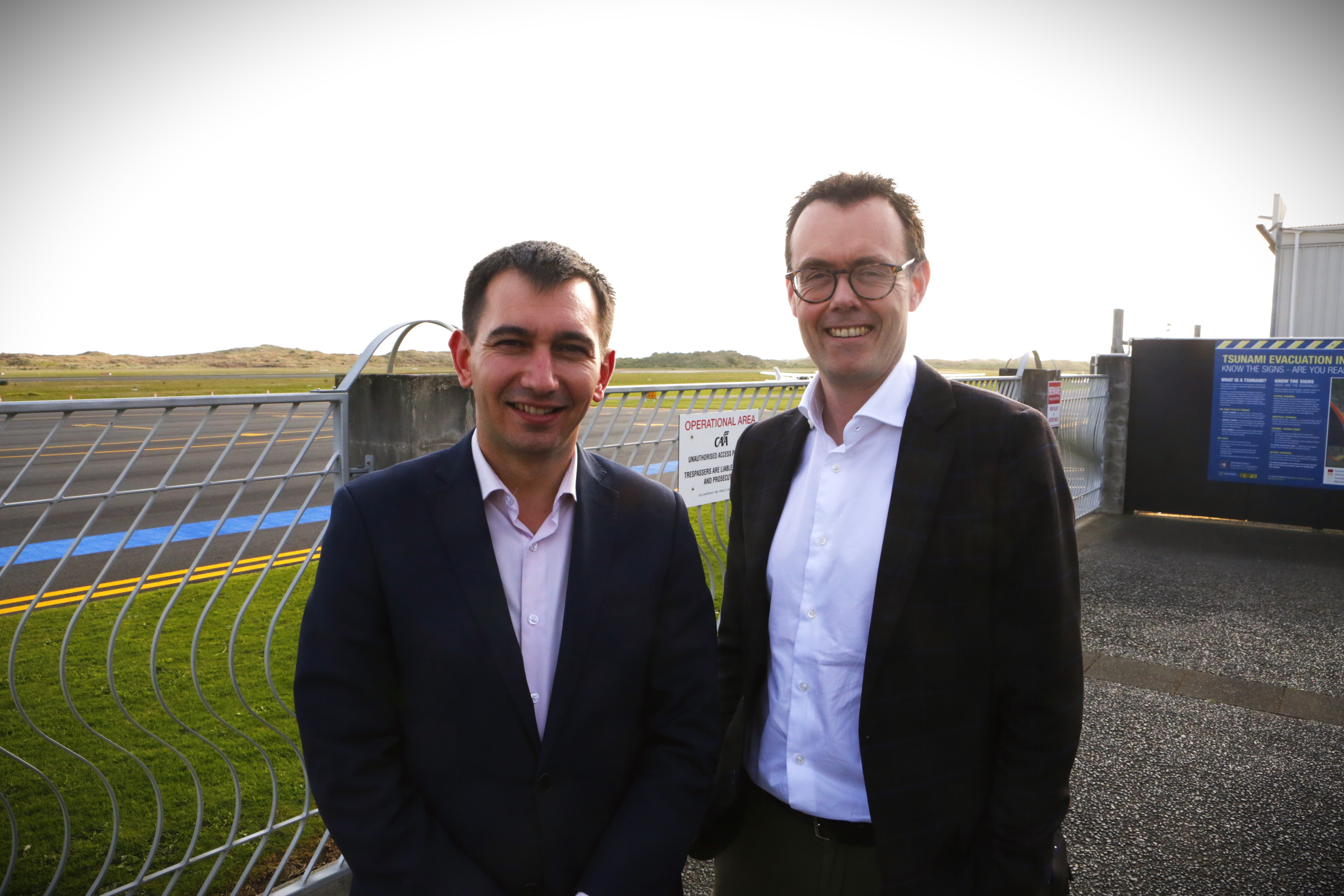 Local Government Minister Simeon Brown (left) with Whanganui MP Carl Bates at the Whanganui Airport. Photo / Mike Tweed