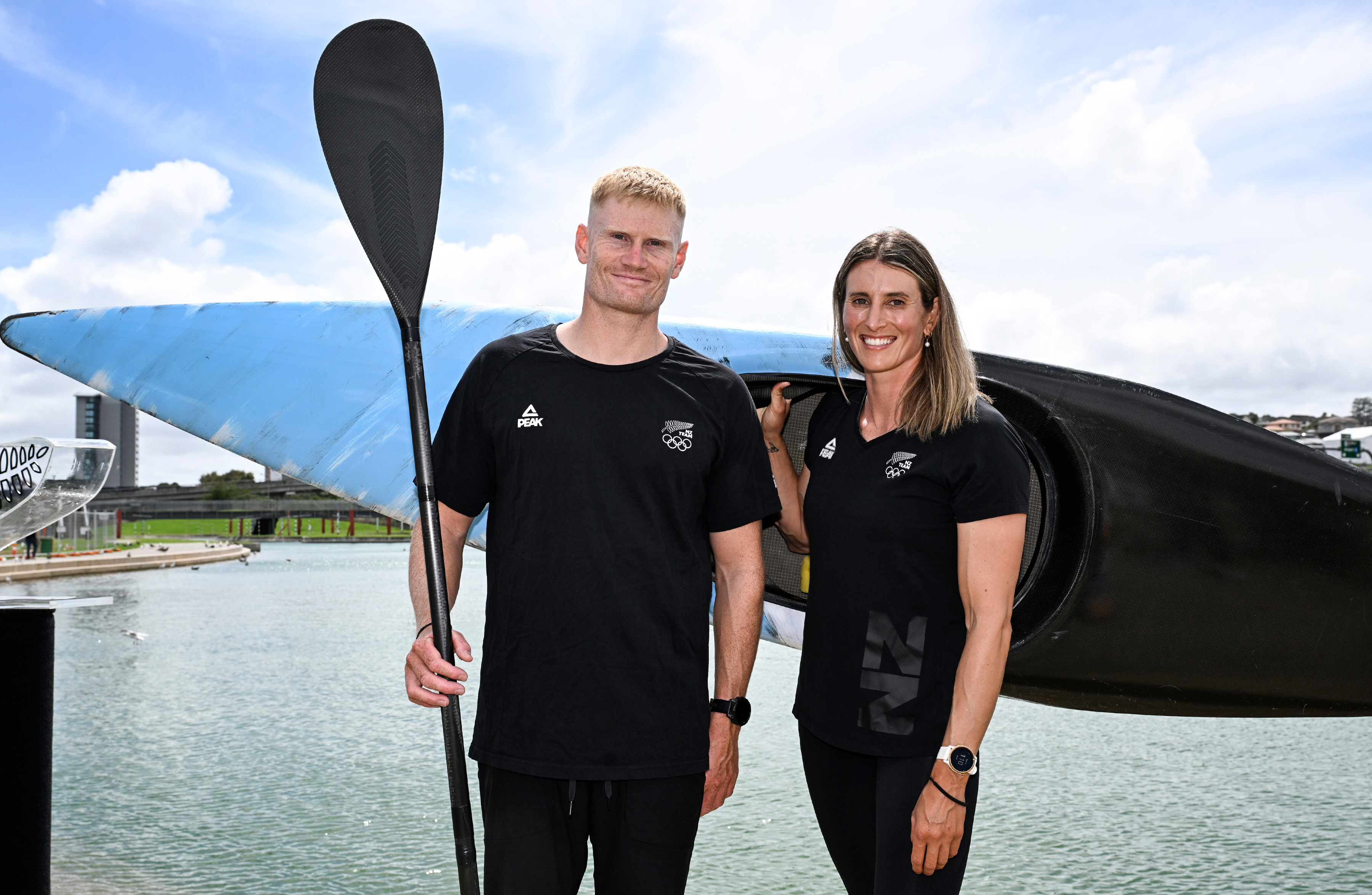 Luuka Jones (right) and Finn Butcher (left) at the Canoe Slalom announcement. Photo / Photosport