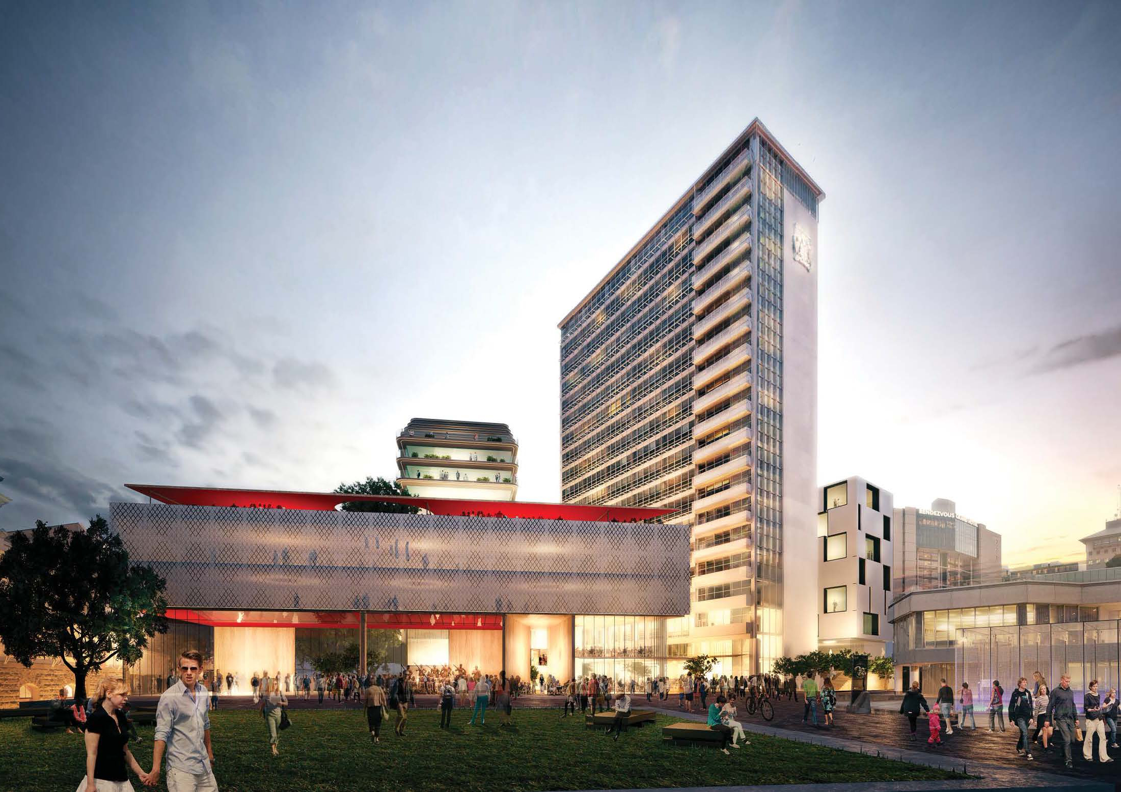 Early plans for the Civic Administration Building and surrounding land showed a new whare tapere performance space fronting Aotea Square. 