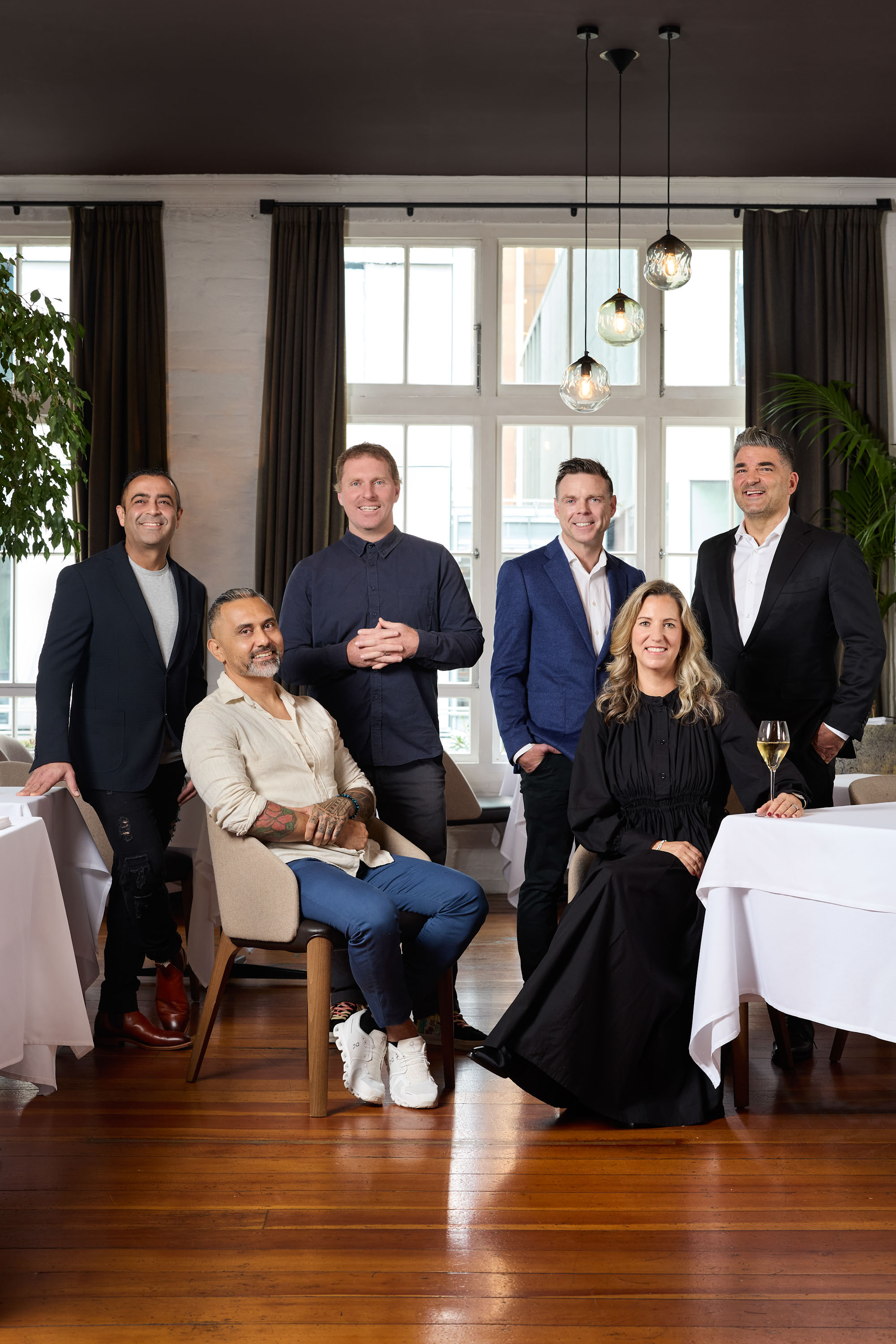 Sid Sahrawat, Michael Meredith, Cory Campbell, Ben Bayly, and Annette and Michael Dearth gather to celebrate 20 years of The Grove. Photo / Babiche Martens