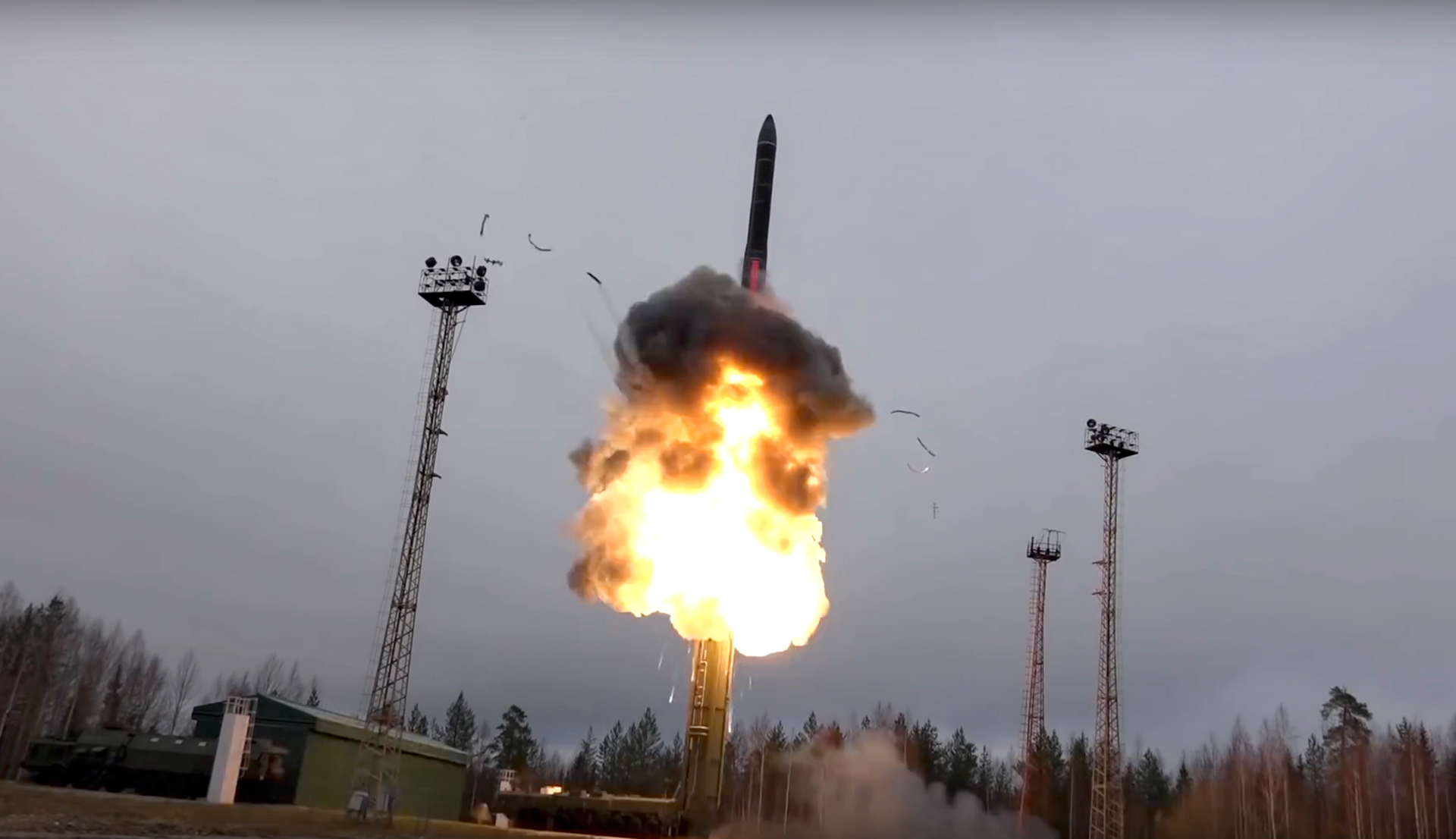 Undated footage distributed by Russian Defense Ministry Press Service shows an intercontinental ballistic missile lifting off from a truck-mounted launcher somewhere in Russia. Photo / via AP