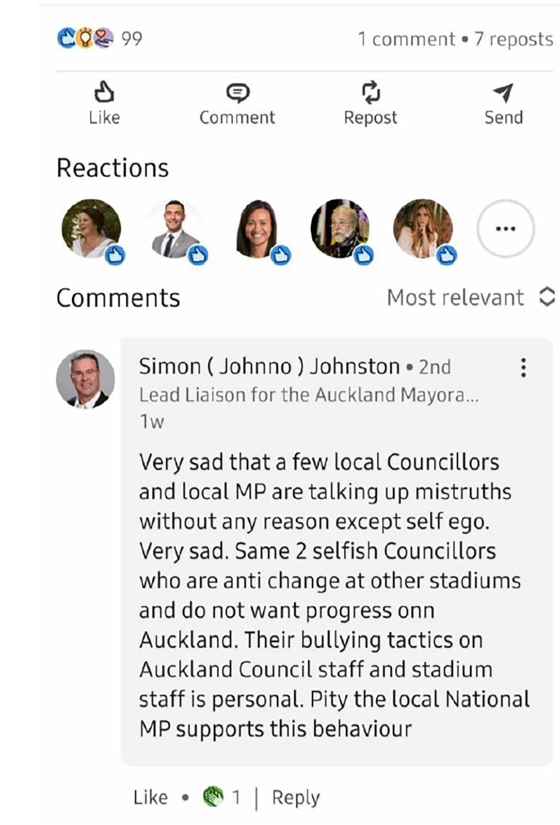 Simon Johnston's post on LinkedIn making remarks about Auckland Councillors and Erica Stanford.
