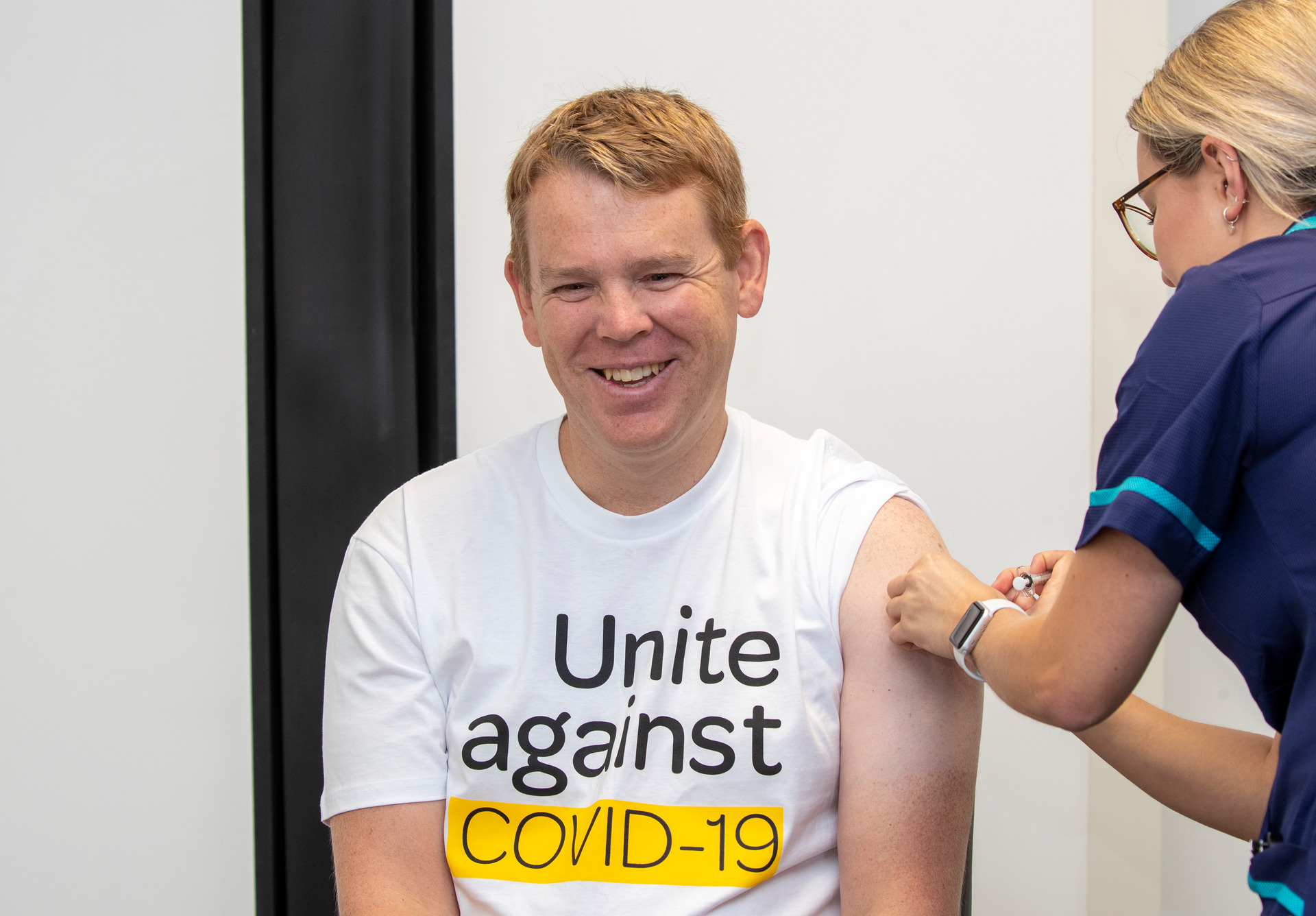 Covid-19 Response Minister Chris Hipkins receiving his first dose of the Pfizer vaccine at Ropata Health in Lower Hutt on March 31. Photo / Mark Mitchell