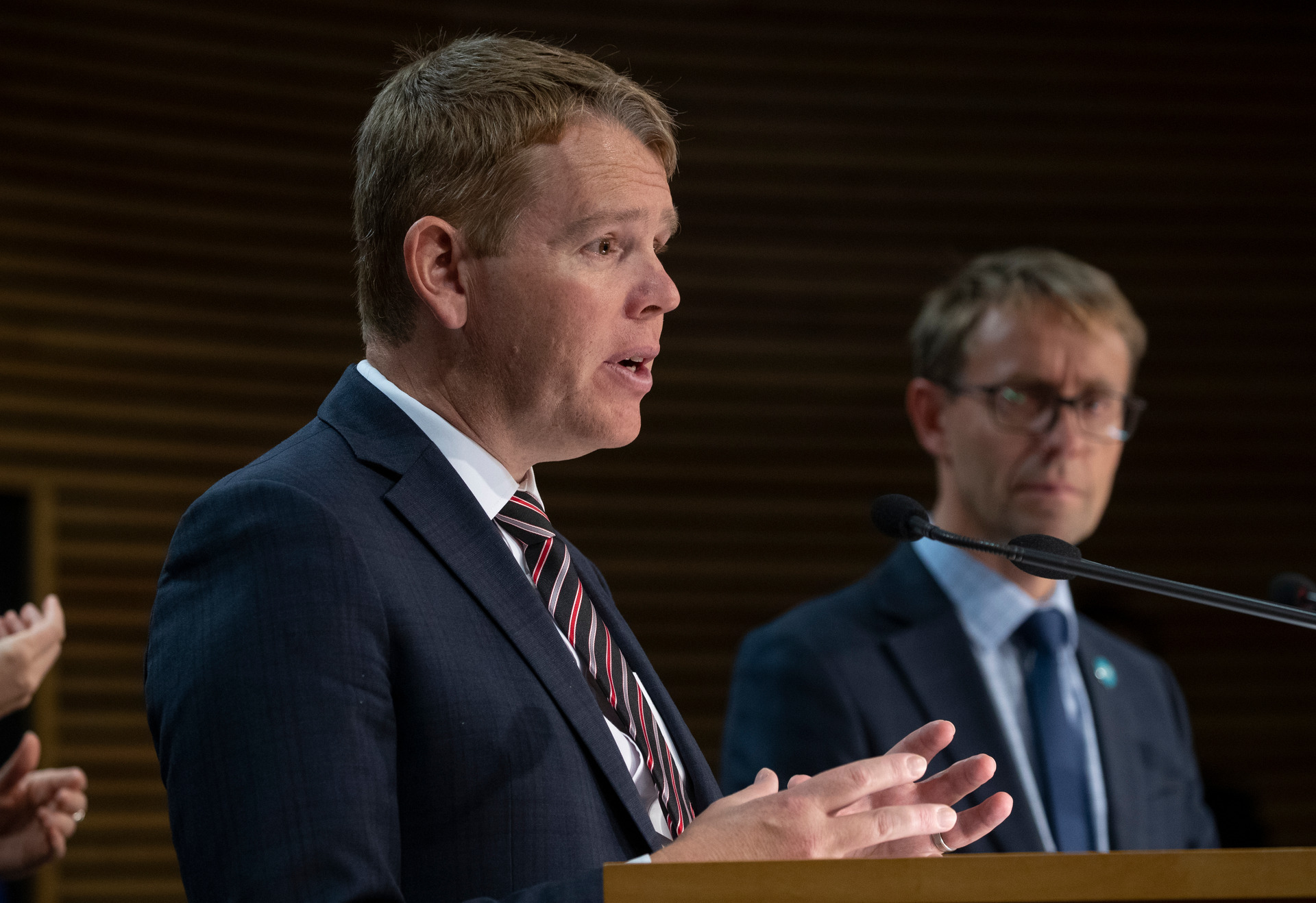 Covid-19 Response Minister Chris Hipkins and director general of health Dr Ashley Bloomfield during an update at Parliament , Wellington. Photo / Mark Mitchell