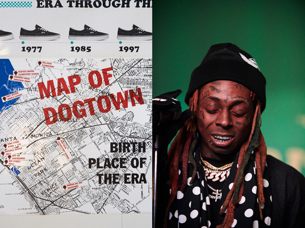 (From left) A map of Dogtown California; Lil Wayne performing at the ComfyCush after party. Photo / Supplied