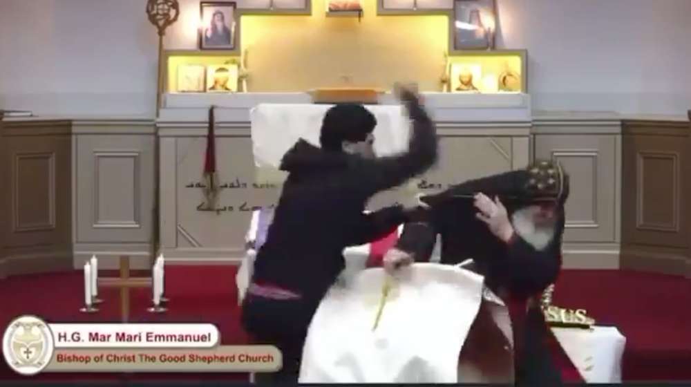 Vision has emerged of a bishop being  stabbed during a service in Sydney. Photo / X