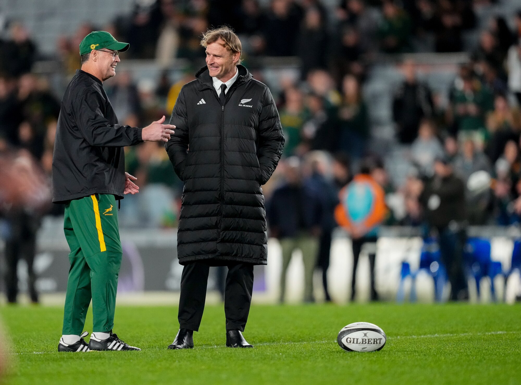 Rassie Erasmus (left) and Scott Robertson share their thoughts ahead of the All Blacks' test against the Springboks at Eden Park. Photo / SmartFrame