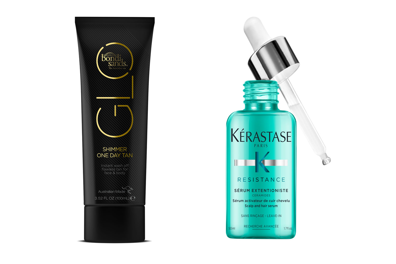 (From left) Bondi Sands new Glo range; Kérastase Resistance Extentioniste range. Photo / Supplied