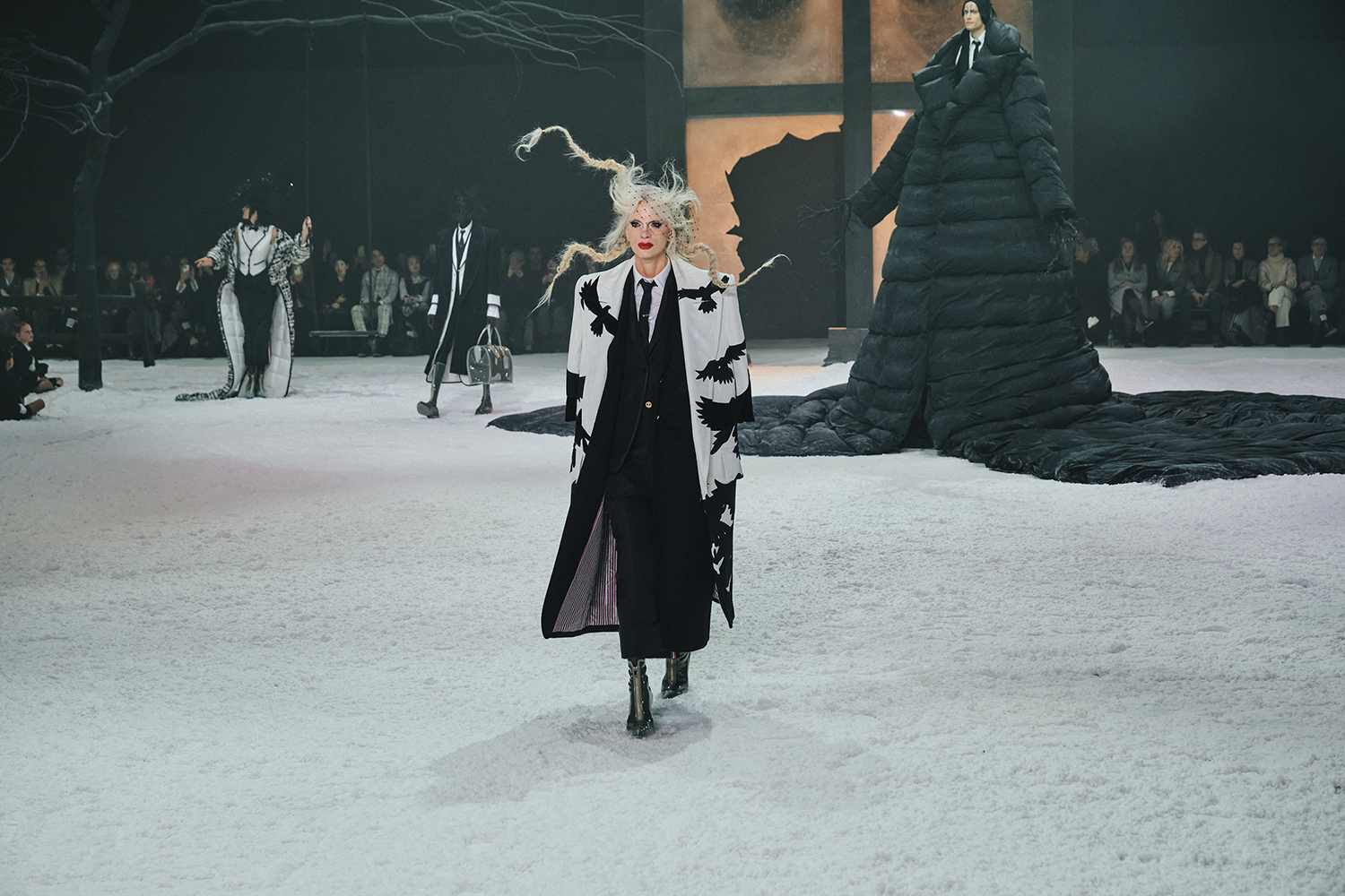 A model wearing Thom Browne, who used Edgar Allan Poe’s ‘The Raven’ as his source material, during the designer’s fashion show in New York. Photo / Simbarashe Cha, The New York Times