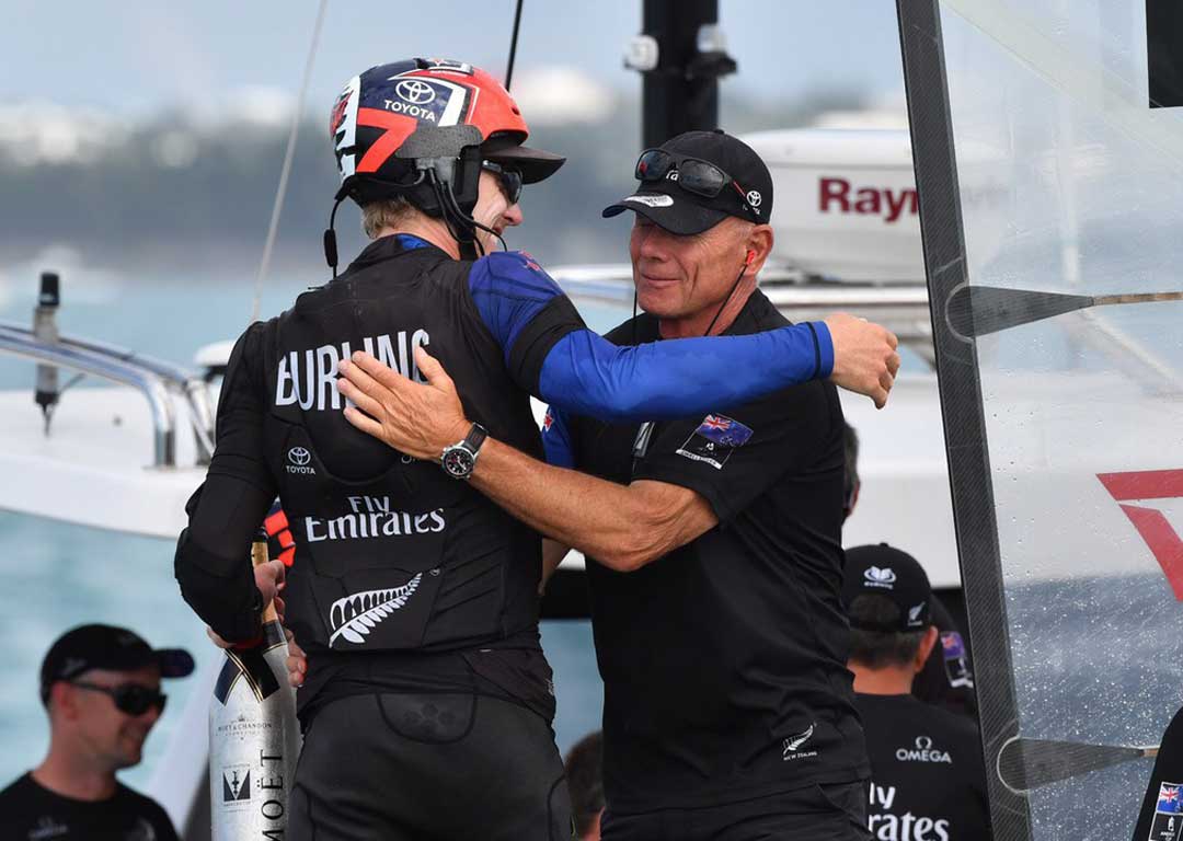 Peter Burling and Grant Dalton embrace after Team New Zealand's 5-2 series win over Artemis in the final of the 2017 Louis Vuitton Cup challenger series. Photo / Ricardo Pinto