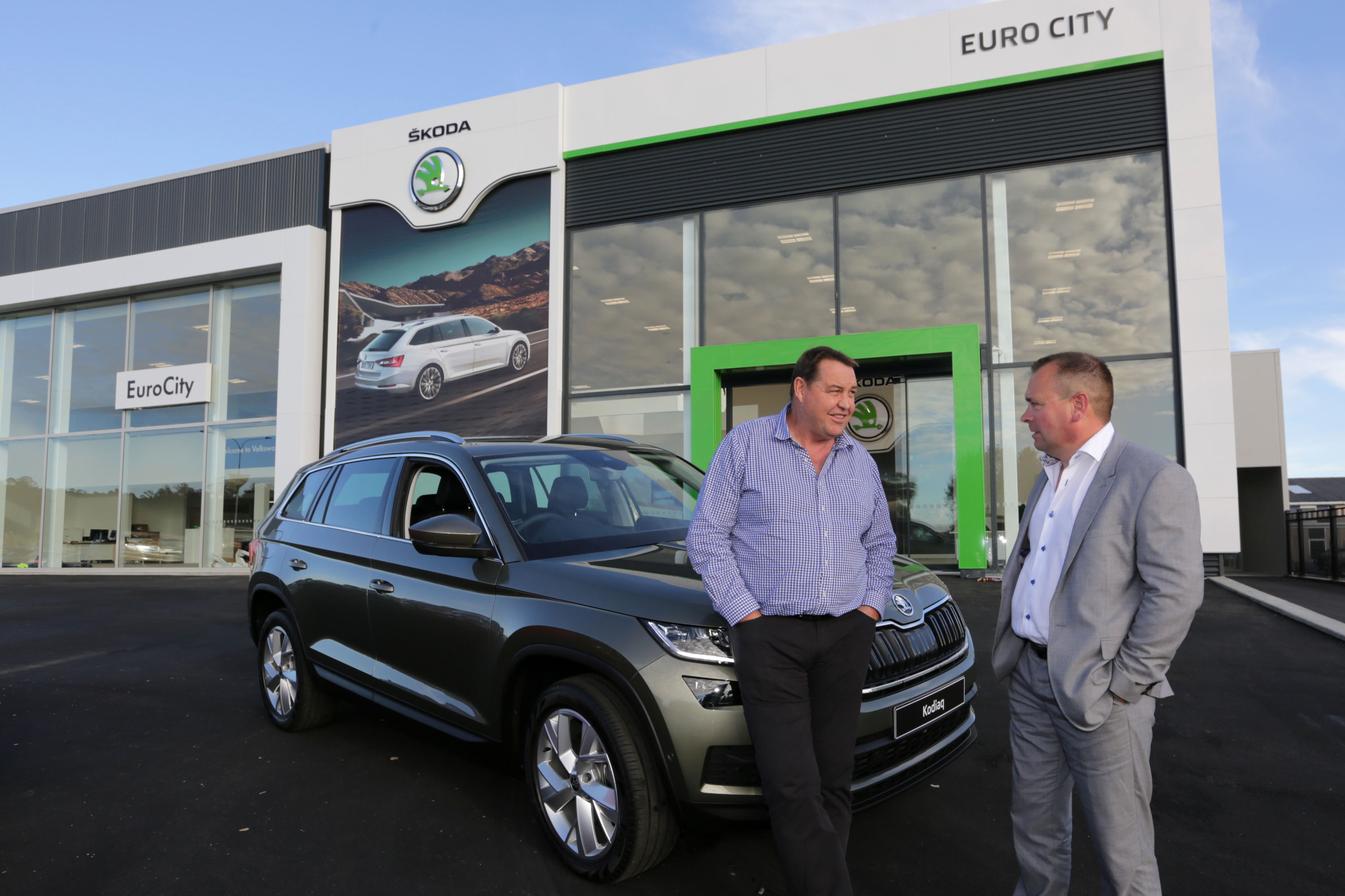 All Blacks coach Steve Hansen (left) with Terry Elmsly, owner of EuroCity, at the firm's new site in Prebensen Drive, Napier. Photo Duncan Brown