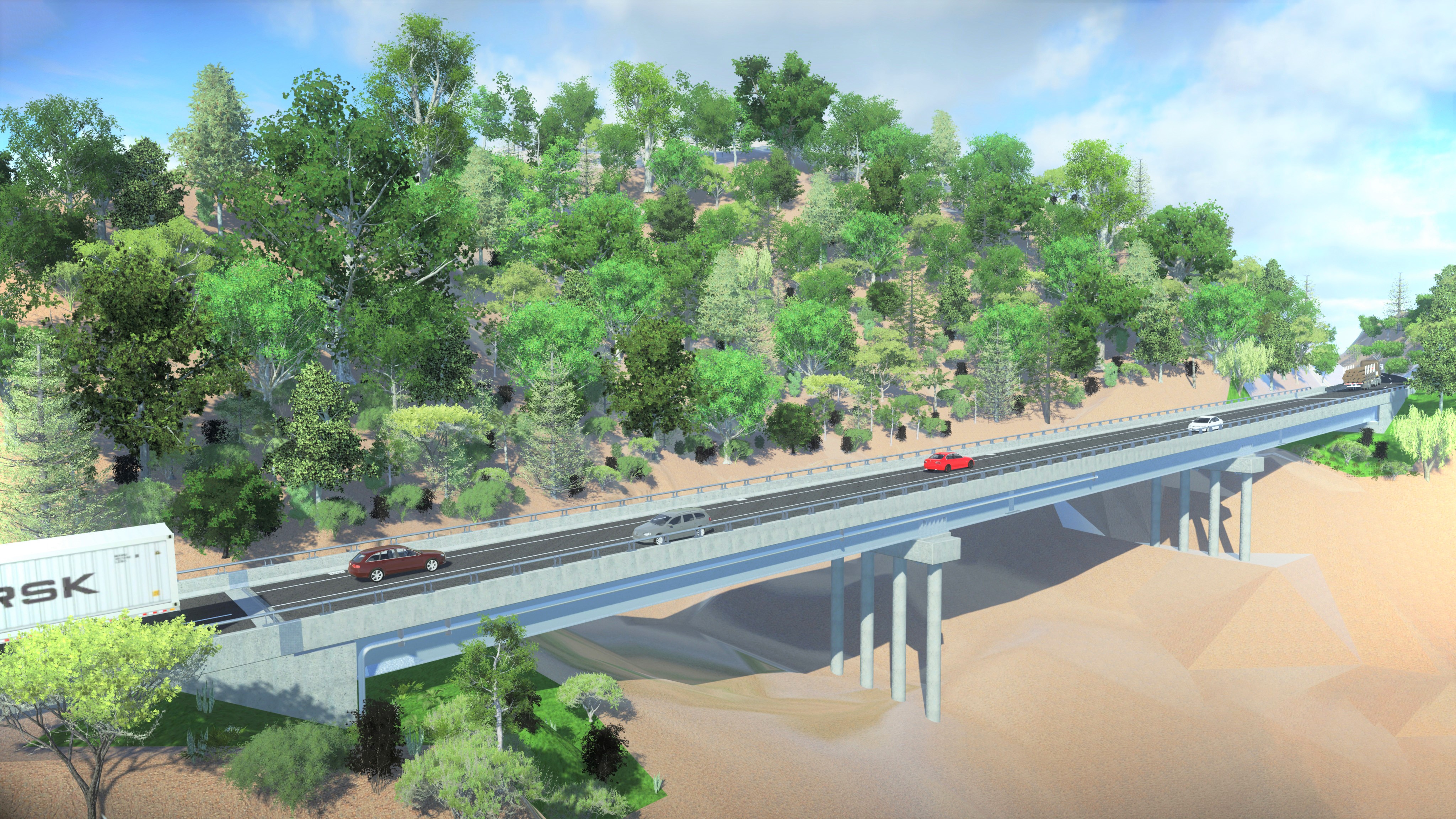 An artists impression of the new bridge reconnecting SH25A in the Coromandel. The project is expected to be finished by April. Photo / Waka Kotahi NZ Transport Agency