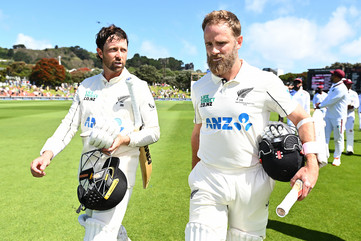 Kane Williamson and Devon Conway leave the Basin Reserve after sealing New Zealand's win over the West Indies in Wellington. Photo / Photosport