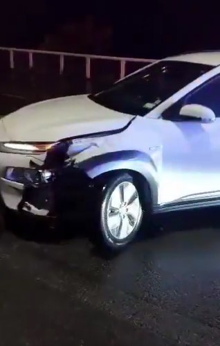 Damage to the Hyundai Kona driven by Kiri Allan on Evans Bay Parade in Wellington on Sunday night. Photo / Supplied