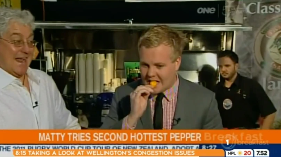 Behind-the-scenes footage of McLean eating the world’s second hottest chilli in 2010. Photo / The Spinoff