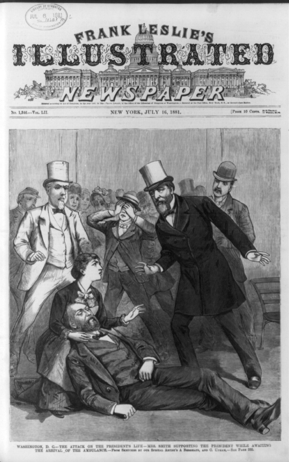 An illustrator imagined the attack on President James Garfield, who was assassinated in 1881. Photo / Library of Congress via The New York Times