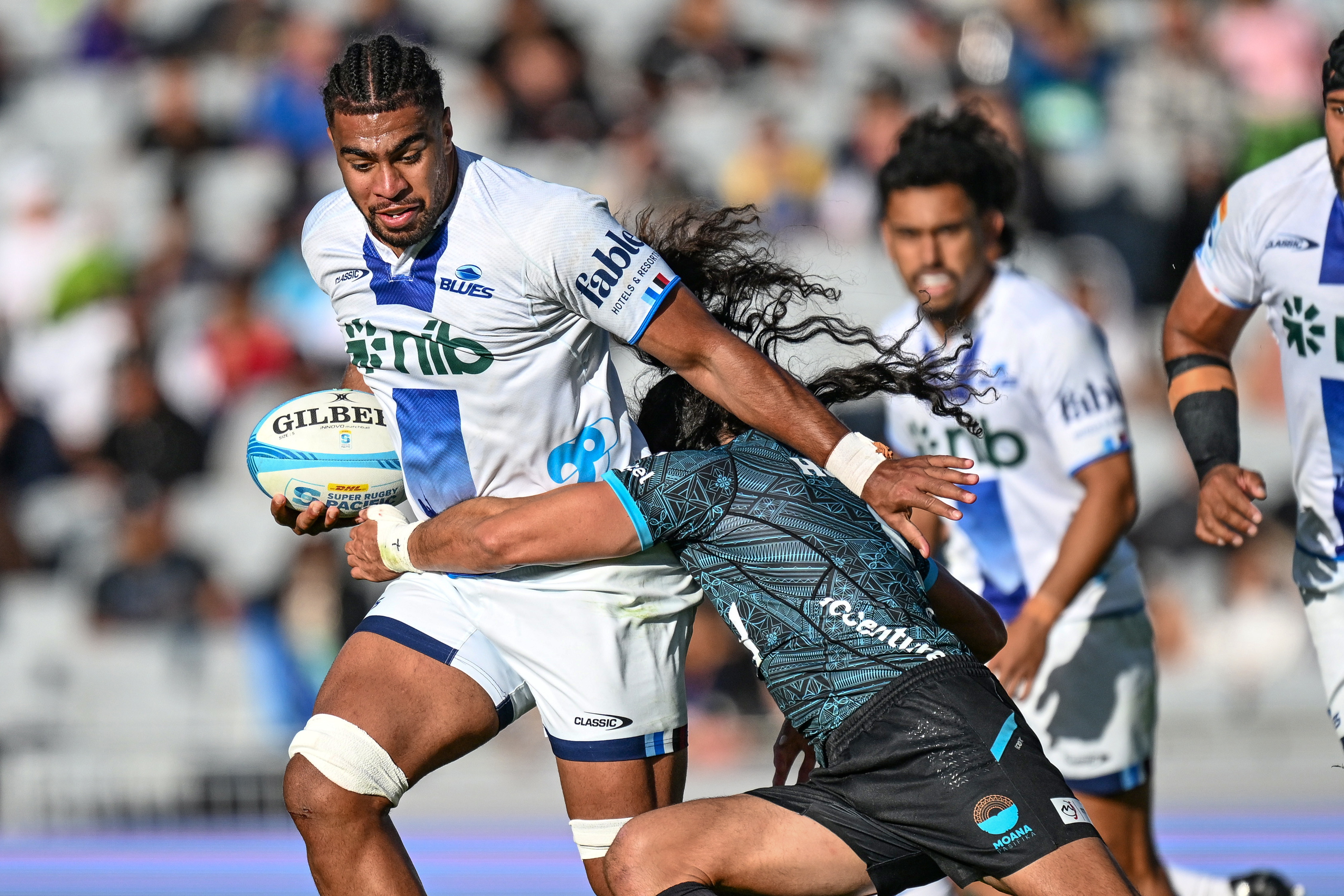 Hoskins Sotutu of the Blues in action against Moana Pasifika. Photo / Photosport
