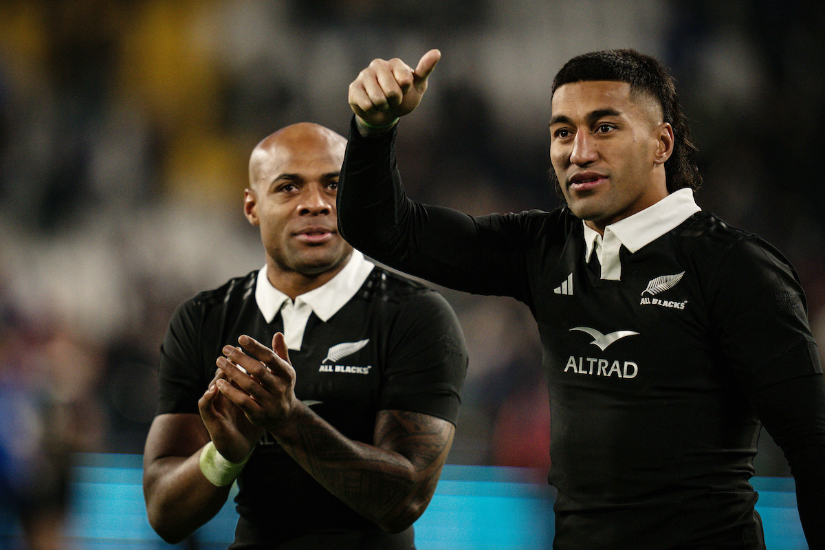 Mark Tele'a and Rieko Ioane after the All Blacks' win over Italy. Photo / Photosport