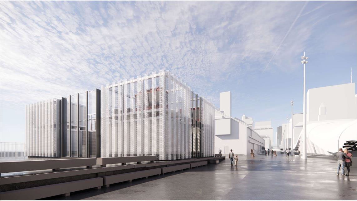 An artist's impression of the proposed electric ferry charging building located on the northeasten end of Queens Wharf.


