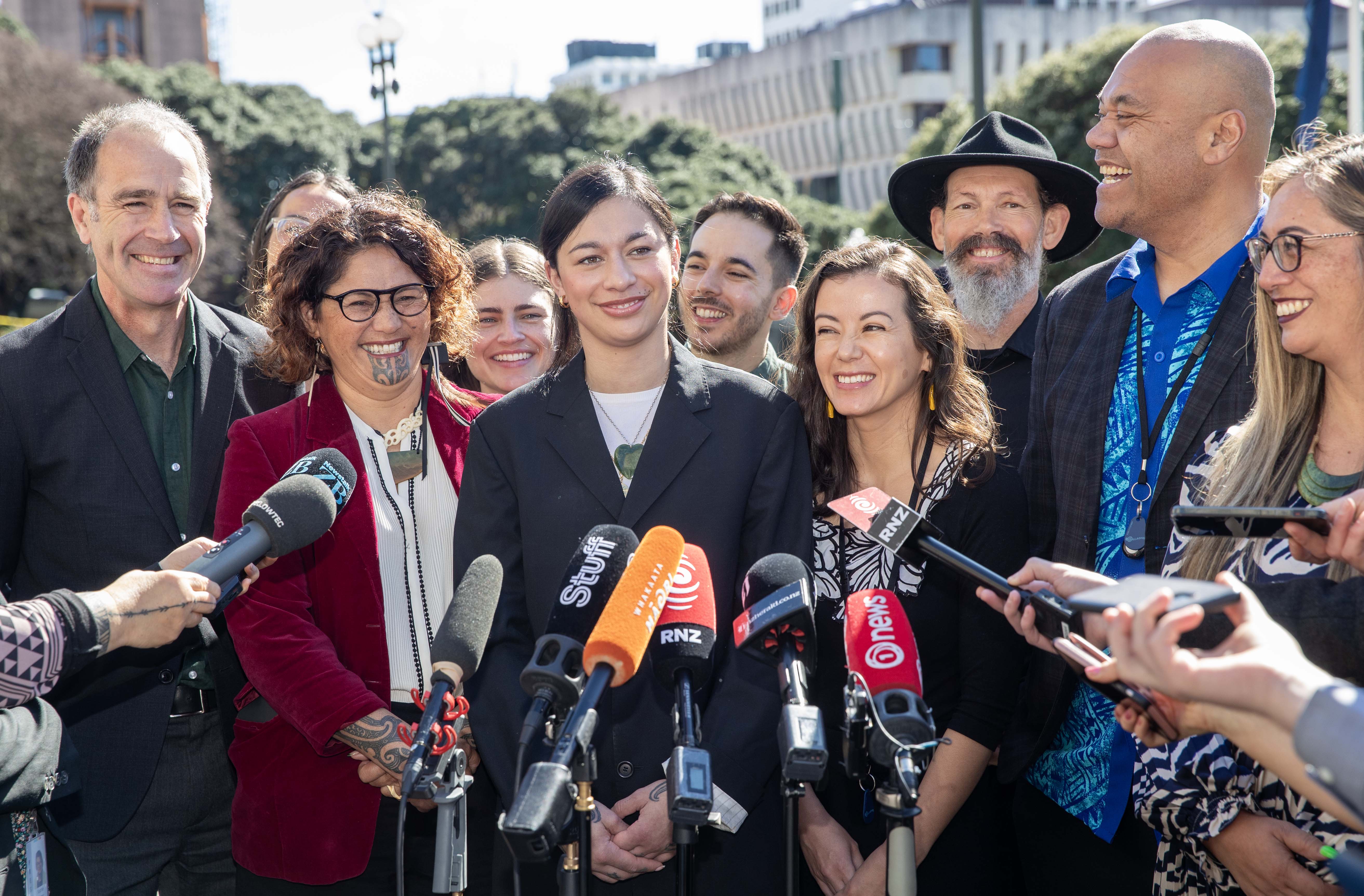 New Greens MPs (from left): Scott Willis, Darleen Tana, Tamatha Paul, Lan Pham, Steve Abel, Efeso Collins and Hūhana Lyndon. Photo / Mark Mitchell