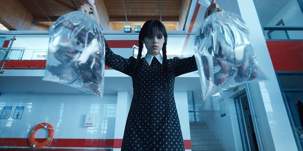 Jenna Ortega as Wednesday Addams in episode 101 of Wednesday. Photo / Netflix