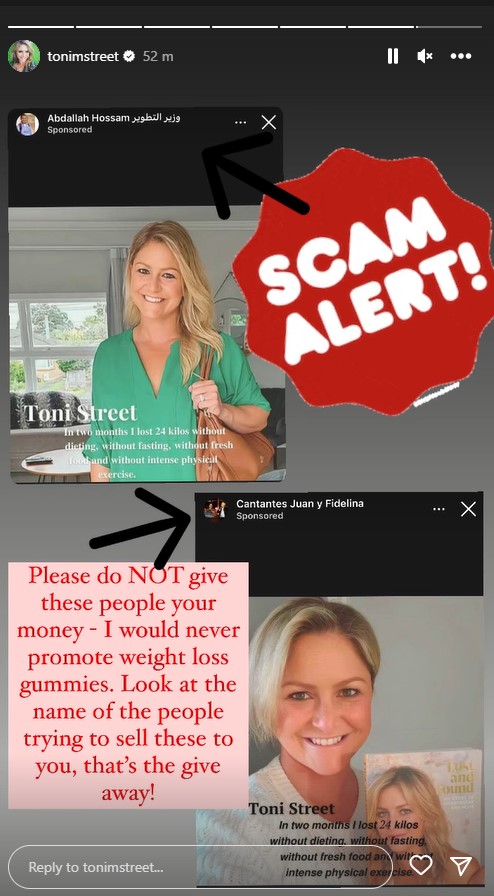 Toni Street has been targeted by scammers again. Photo / Instagram