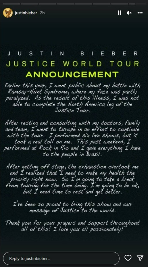 Justin Bieber made the announcement on his Instagram story. Photo / Instagram @justinbieber