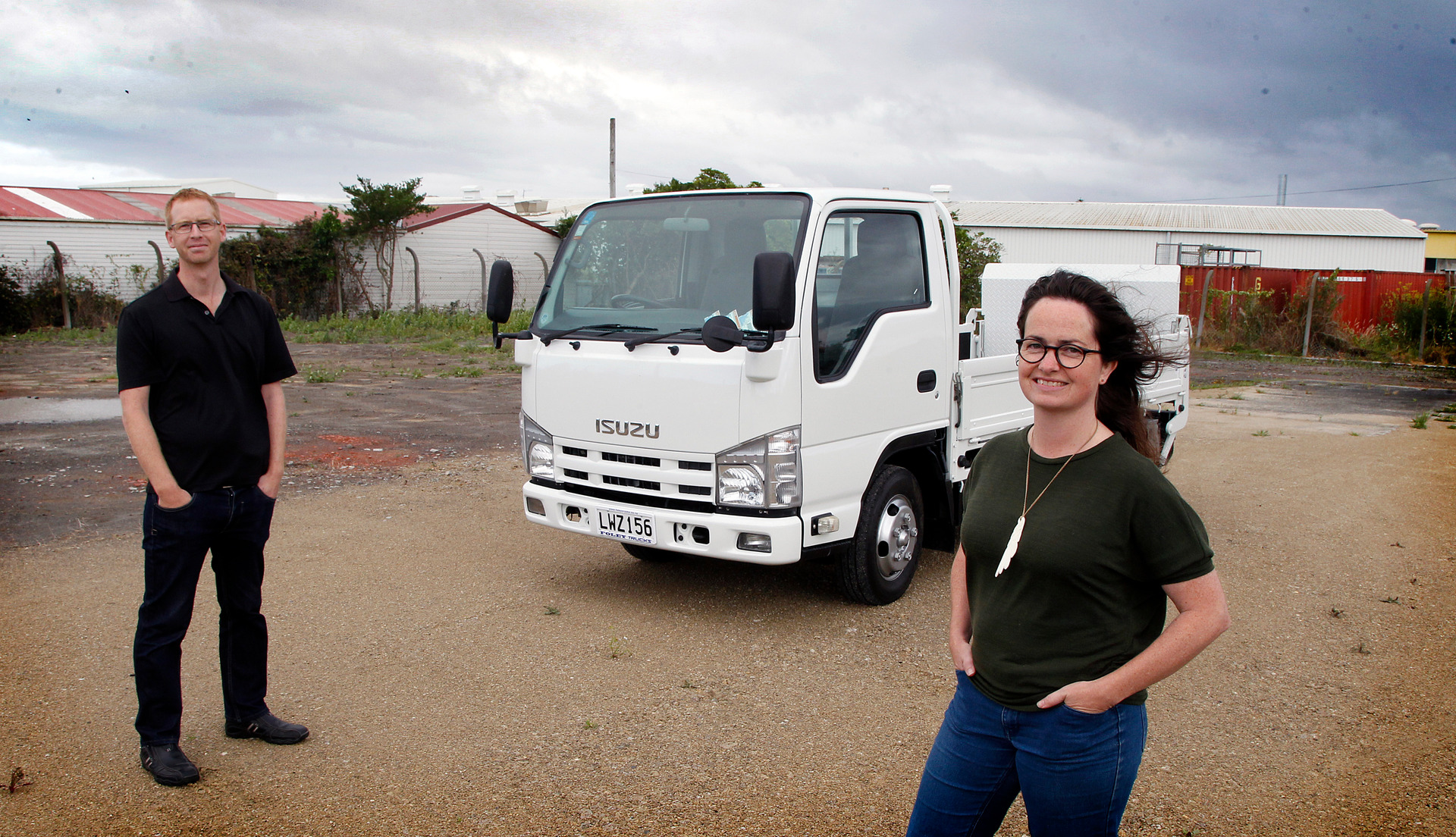 Easy Earth director Derek Pickering and project manager Melany Davy stand on land leased from council for their composting business. Photo / Stuart Munro
