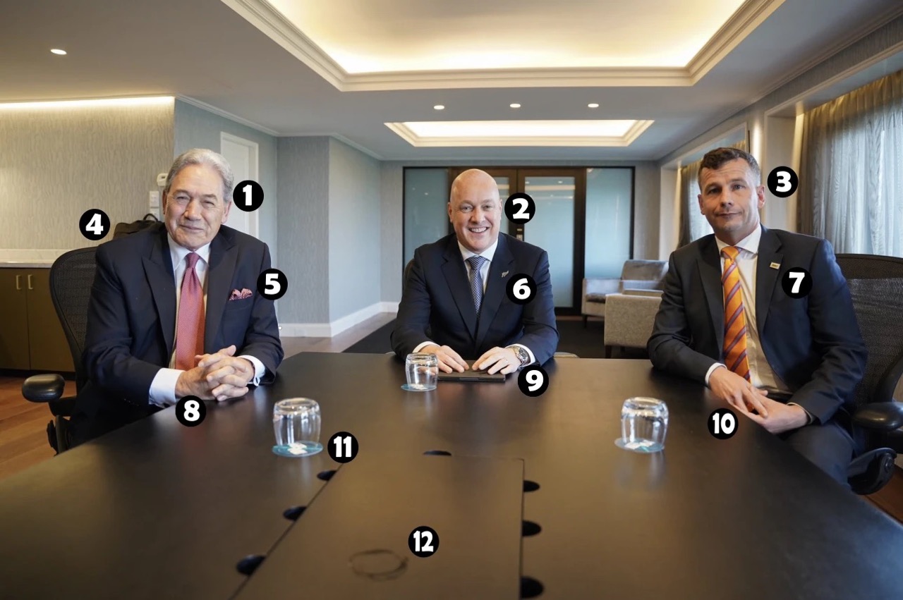 Variations on a grin - Winston Peters, Christopher Luxon and David Seymour. 